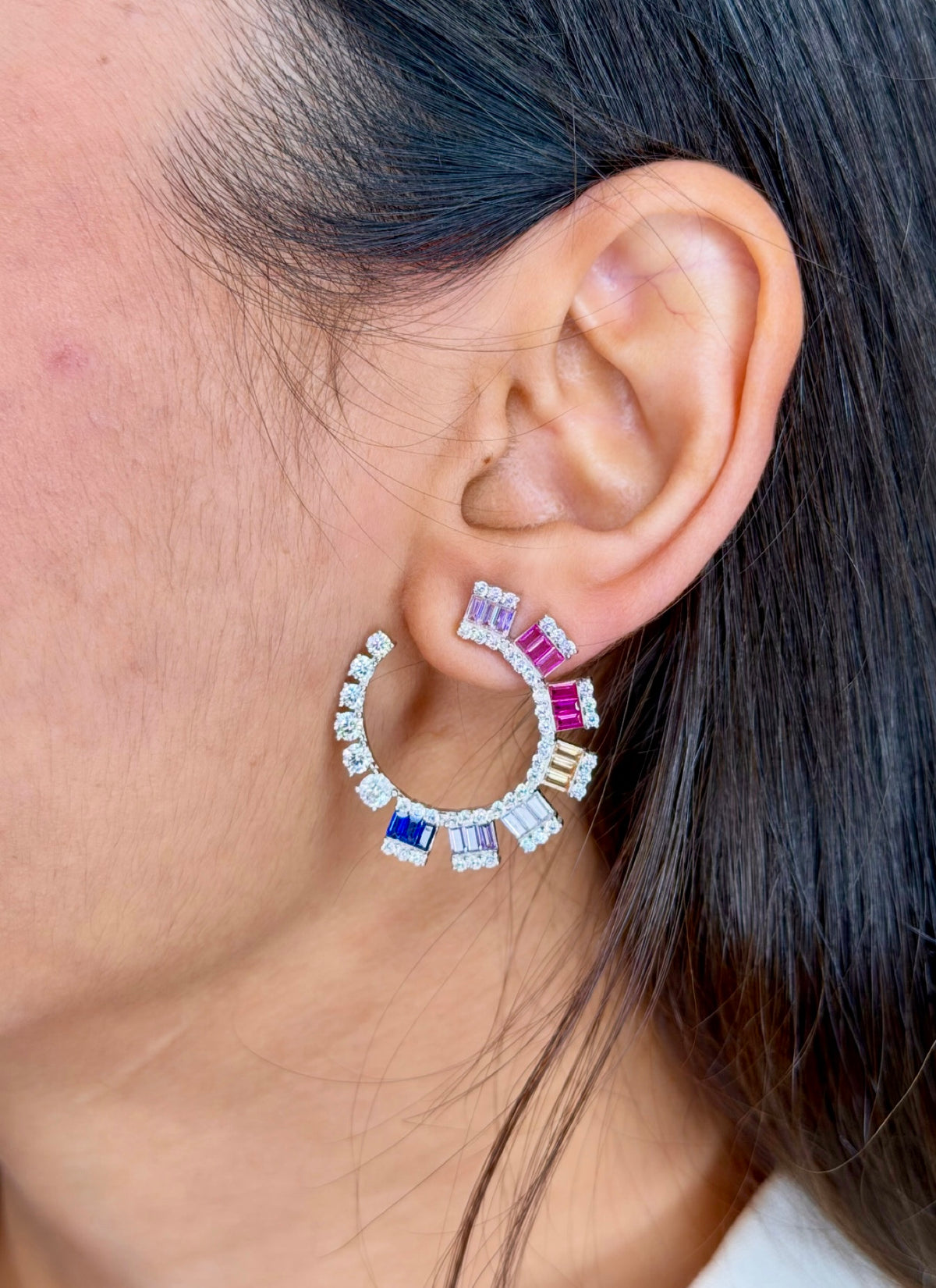 Multicolor Baguette CZ Silver Hoop Earrings