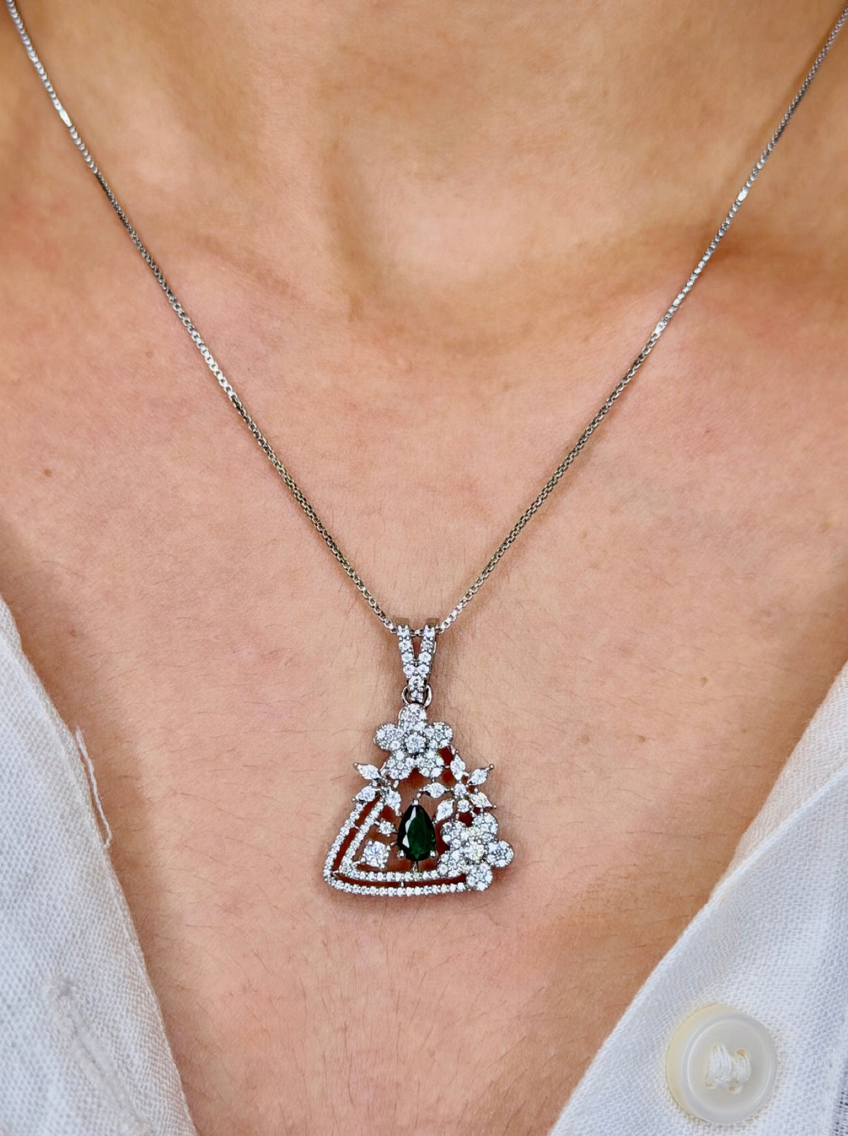 92.5 Silver Emerald CZ Tiered Pendant and Drop Earrings Set