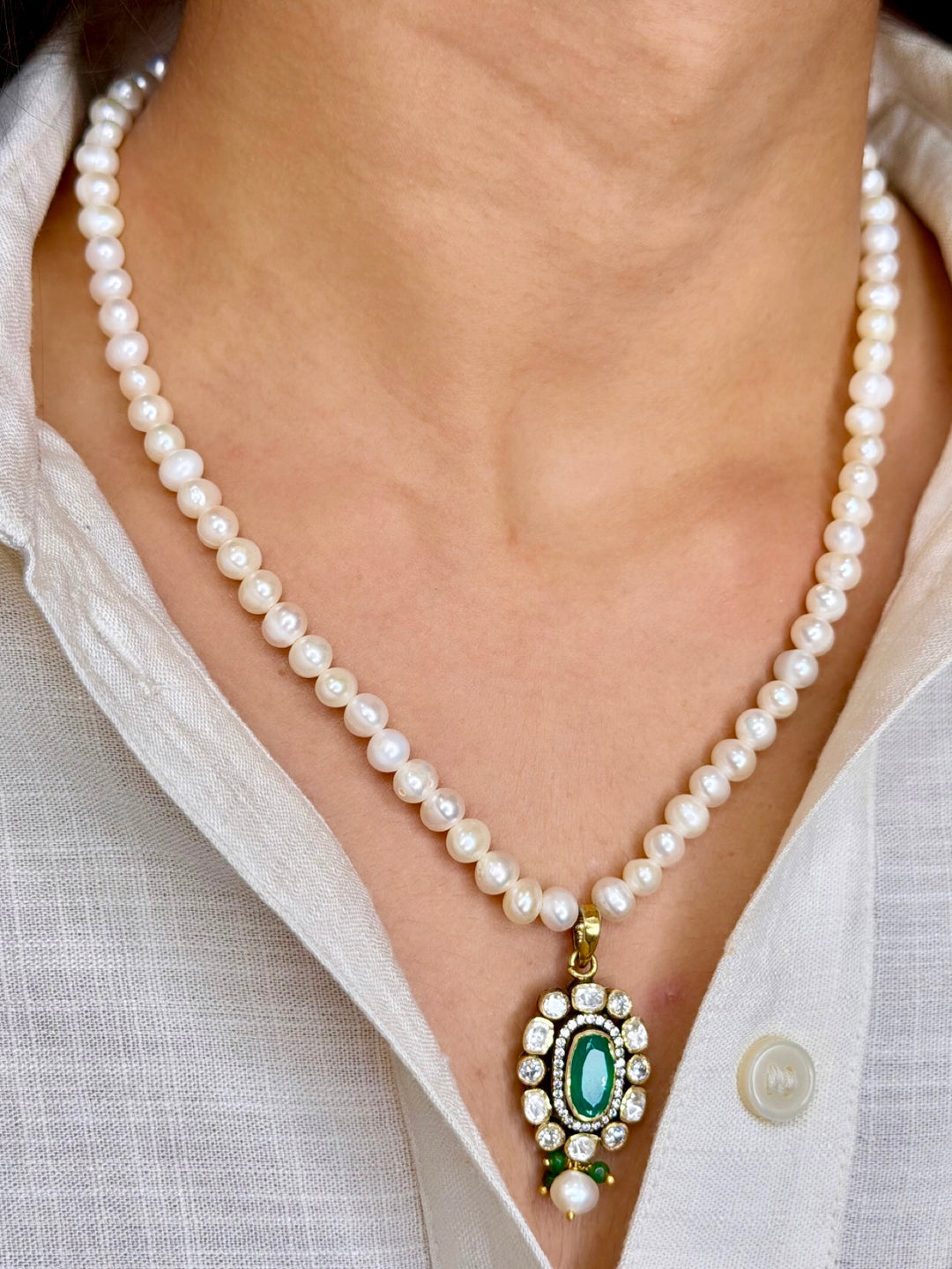 Pearl Strand Emerald Necklace & Earring Set