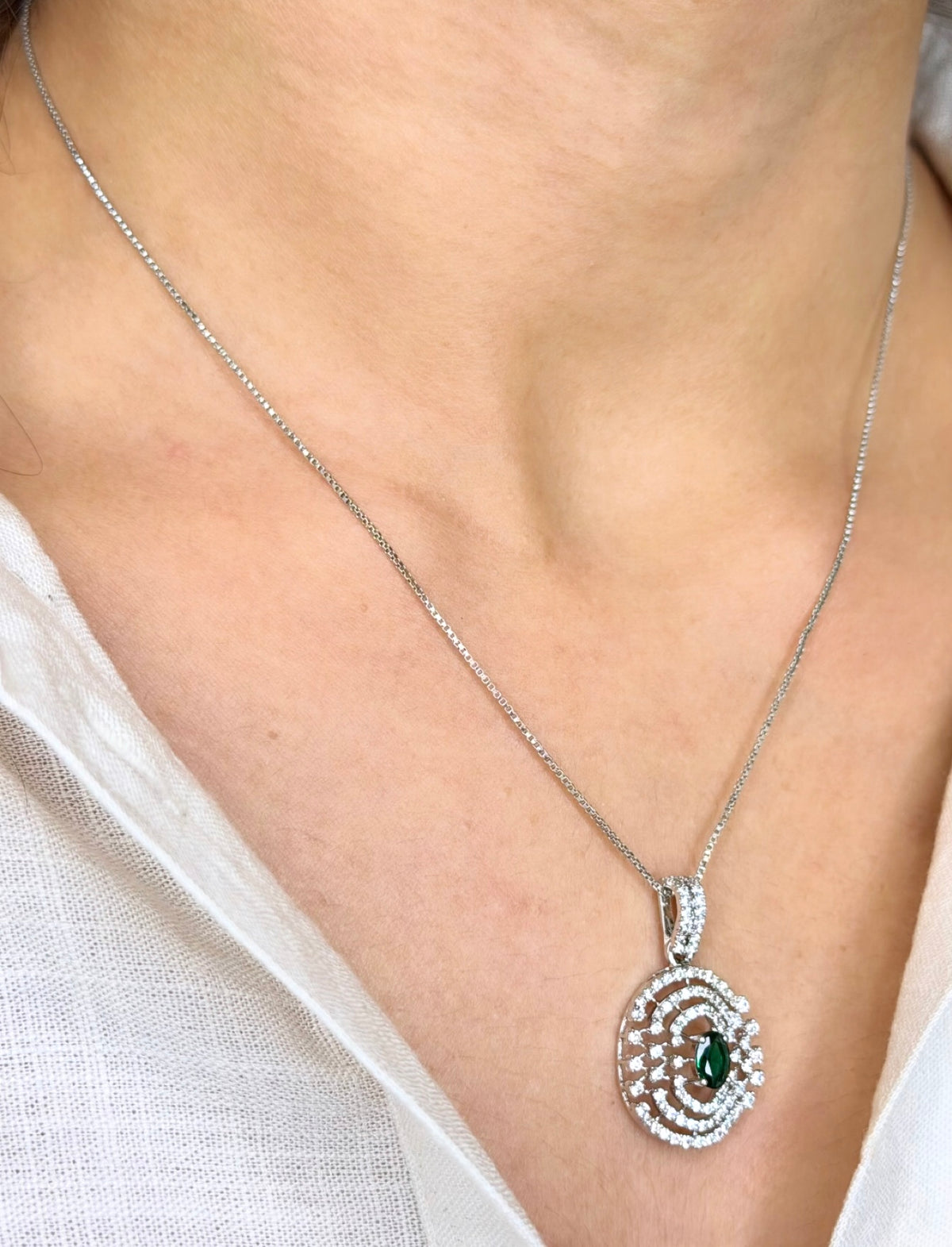 92.5 Silver Emerald CZ Pendant and Drop Earrings Set