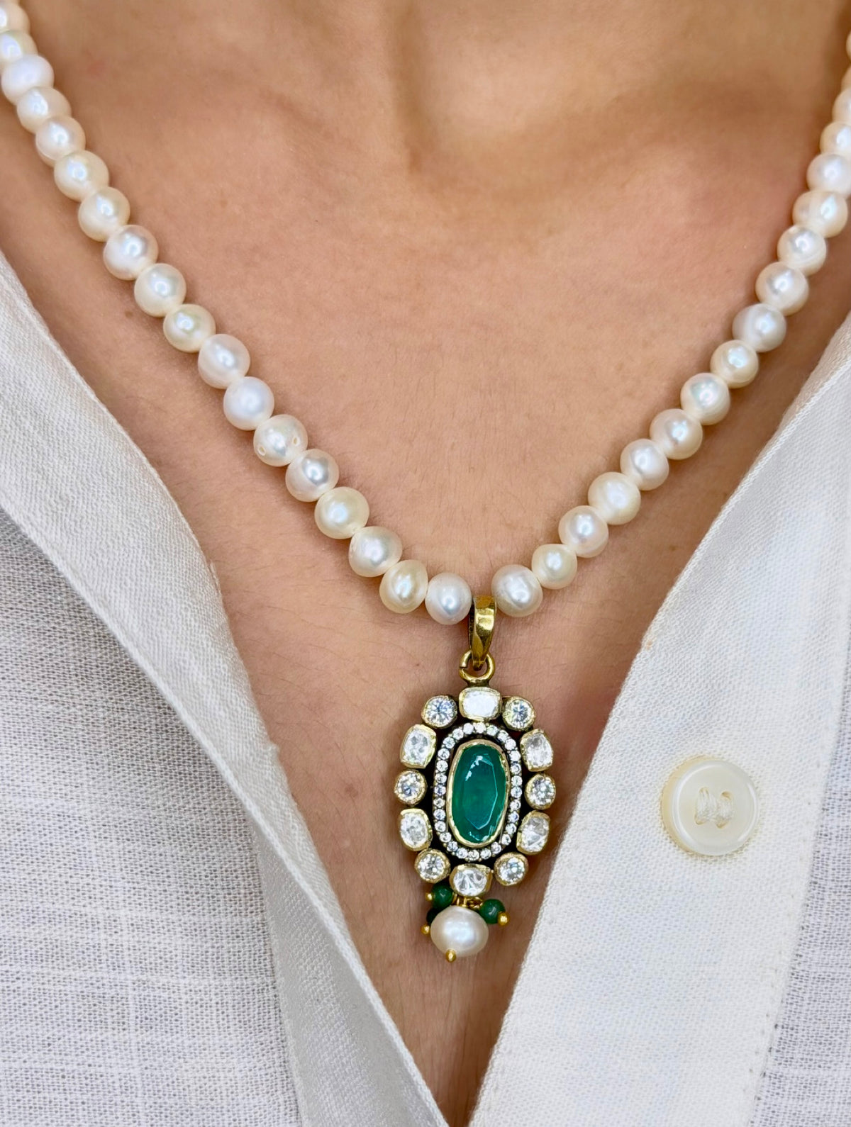 Pearl Strand Emerald Necklace & Earring Set