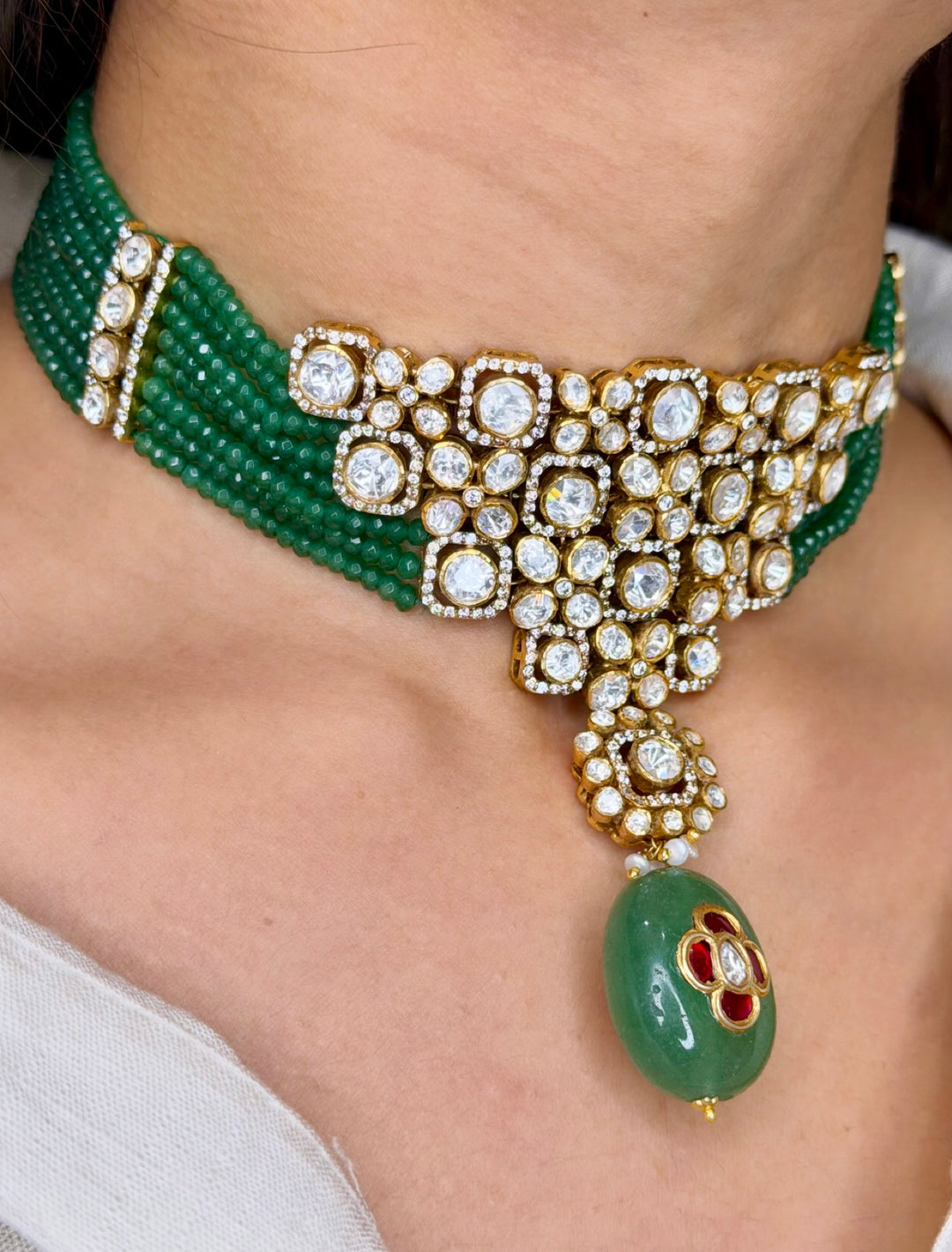 Silver Green Bead Strand Choker Set