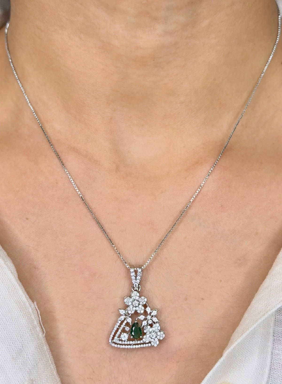 92.5 Silver Emerald CZ Tiered Pendant and Drop Earrings Set