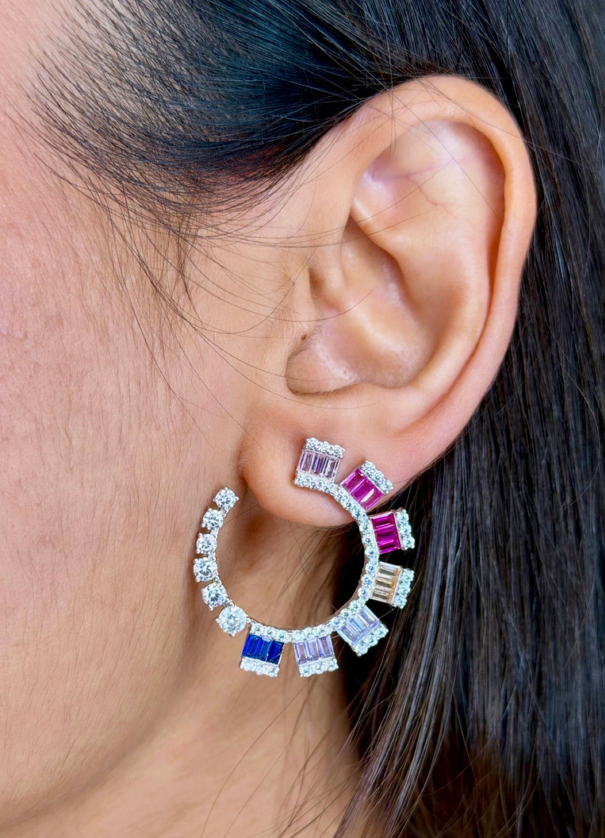 Multicolor Baguette CZ Silver Hoop Earrings