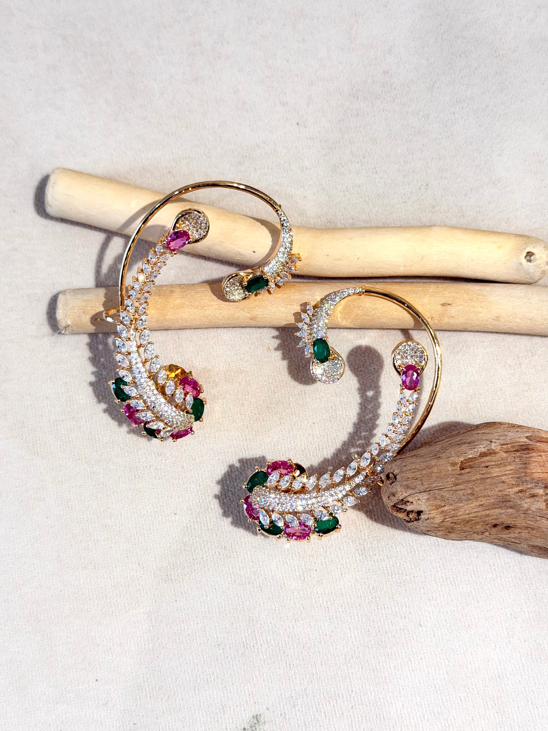 Gold Tone Vine Multi-Gemstone CZ Ear Cuffs