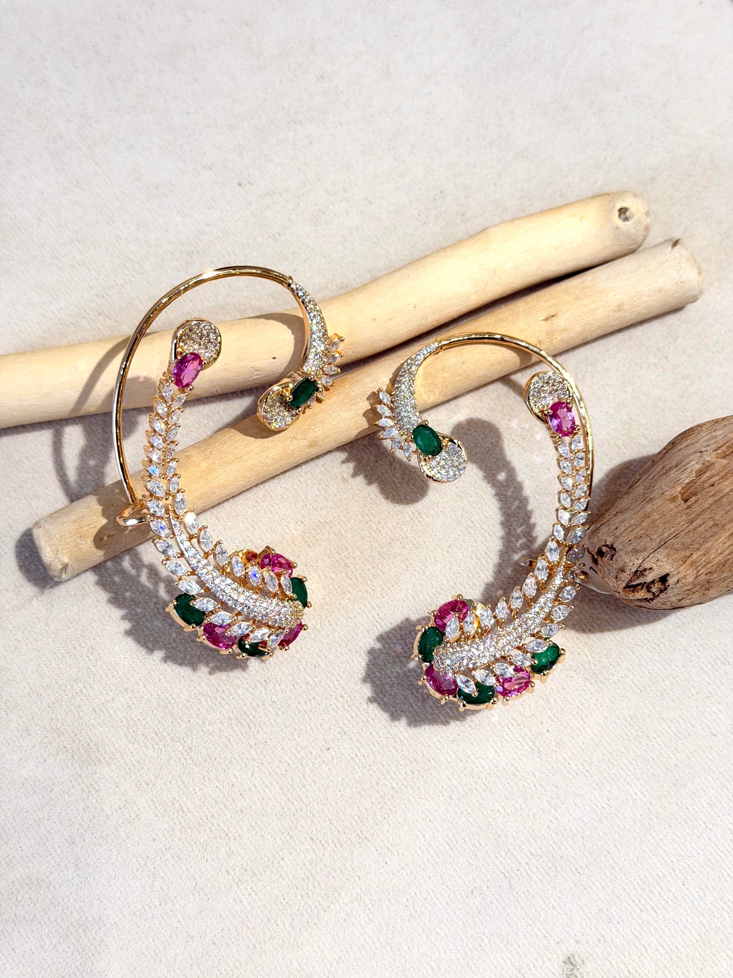 Gold Tone Vine Multi-Gemstone CZ Ear Cuffs