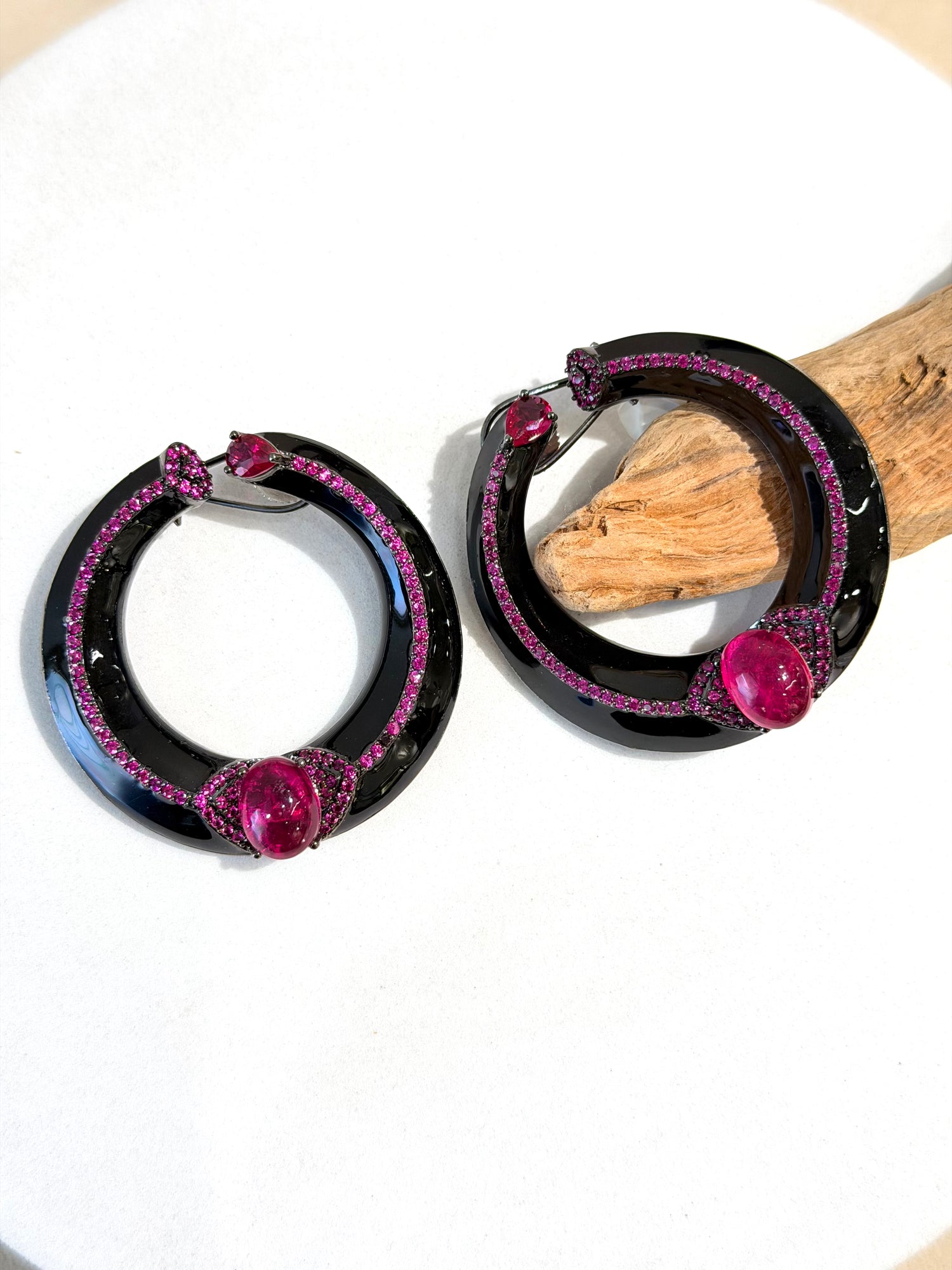 Black Enamel Ruby Studded Circular Studs