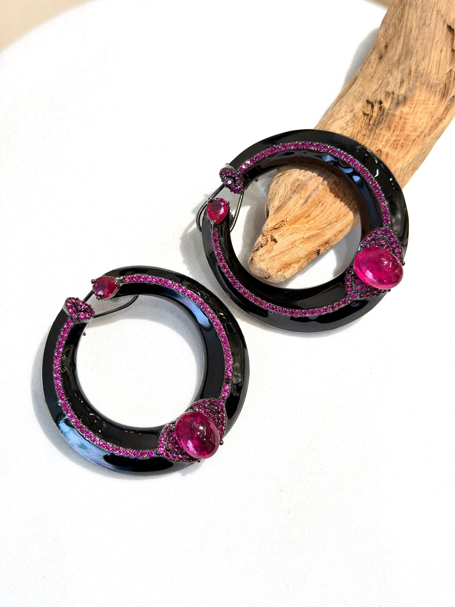 Black Enamel Ruby Studded Circular Studs
