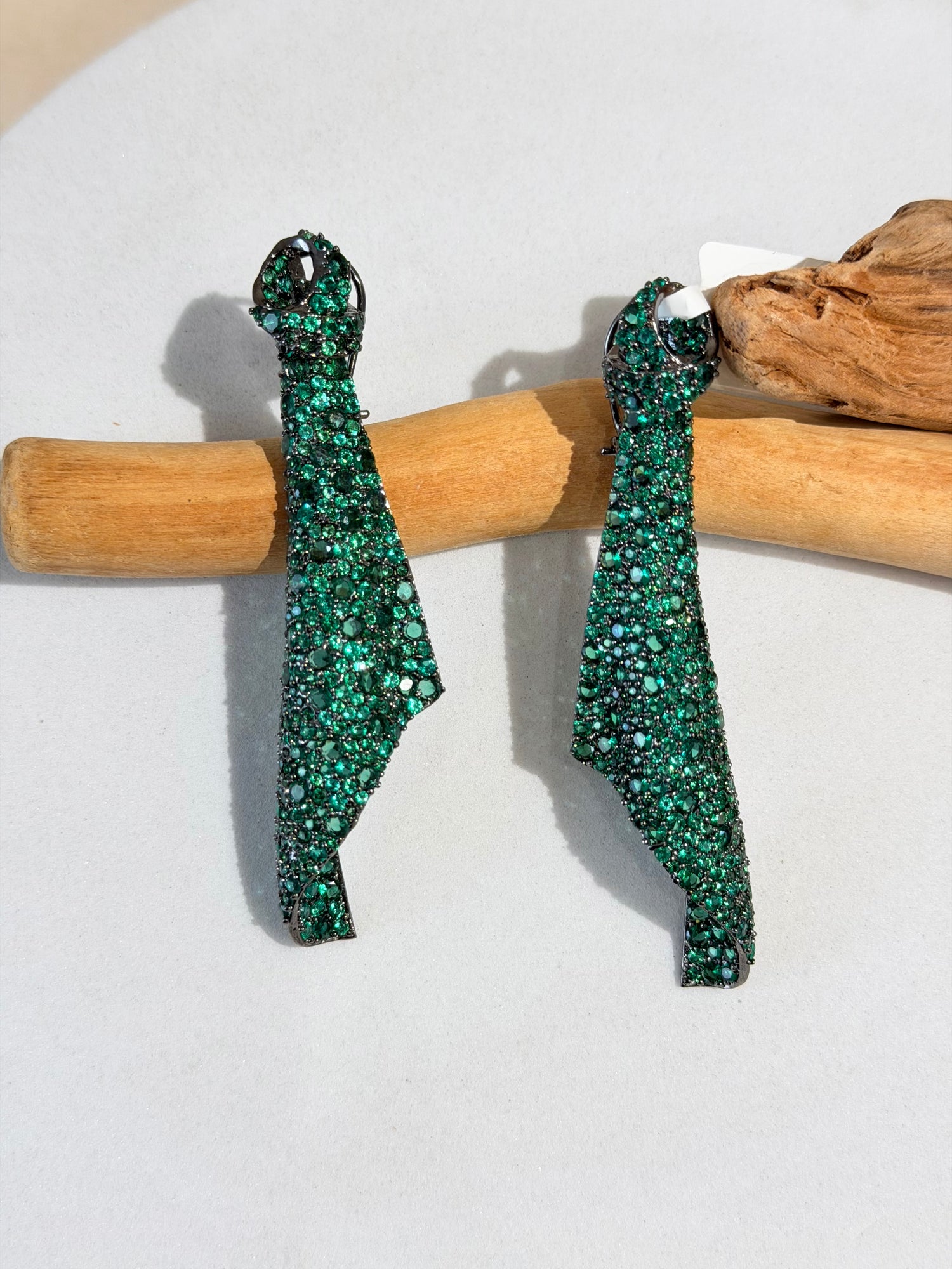 Black Finish Statement Danglers with Emerald Stones