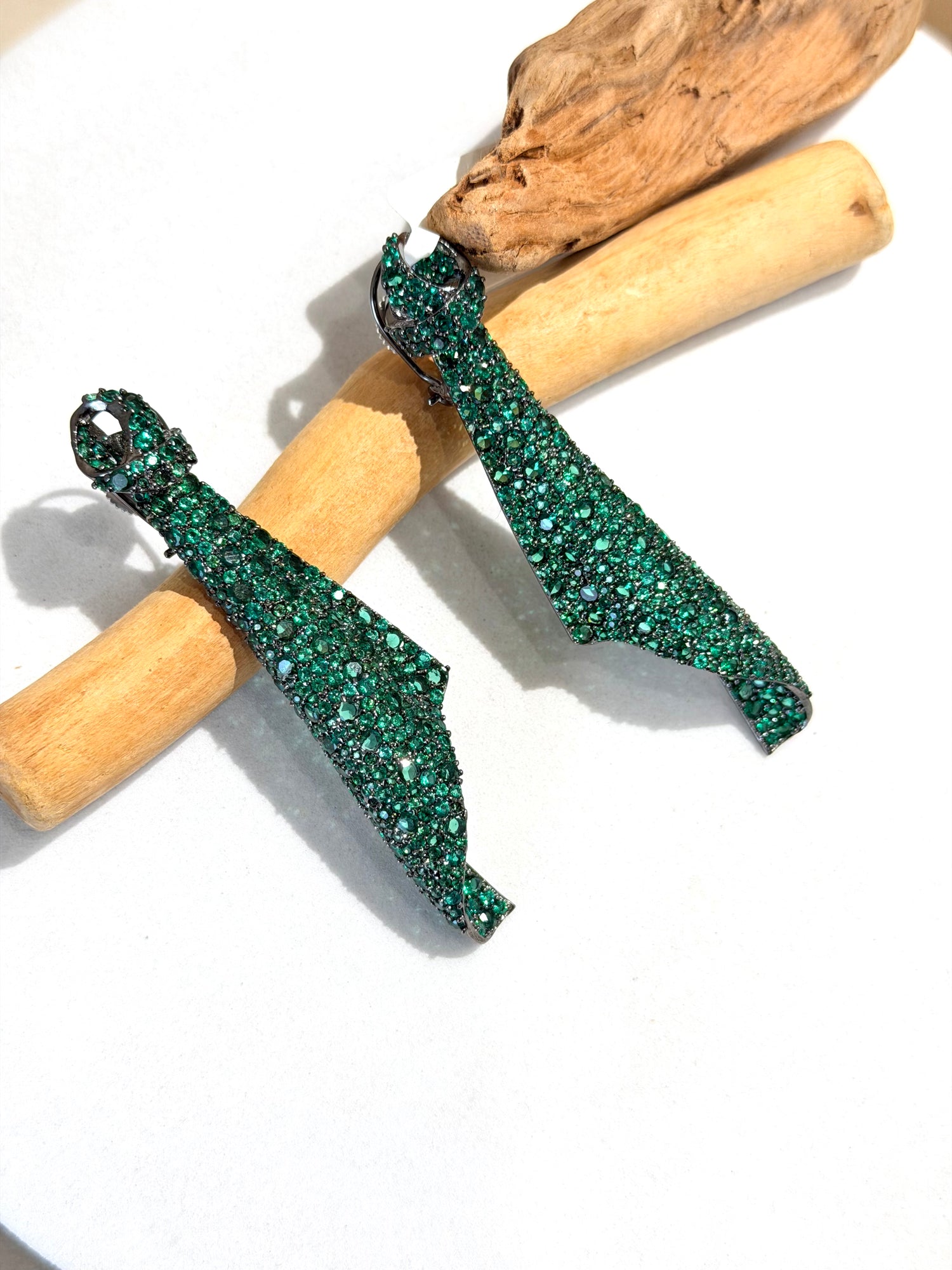 Black Finish Statement Danglers with Emerald Stones