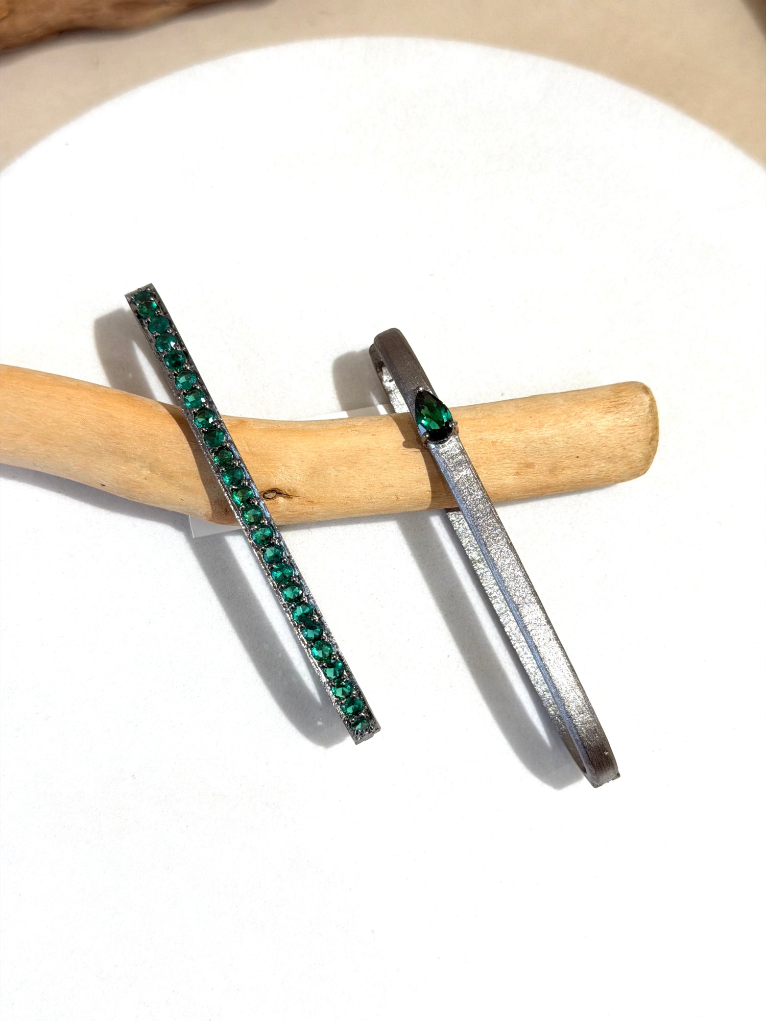 Oblong Oval Hoop Earrings with Emerald Stones