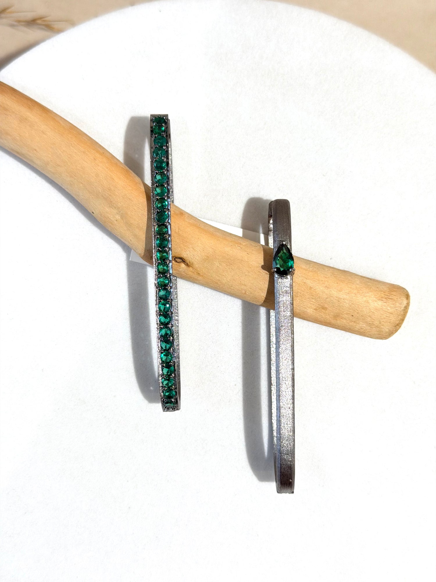 Oblong Oval Hoop Earrings with Emerald Stones
