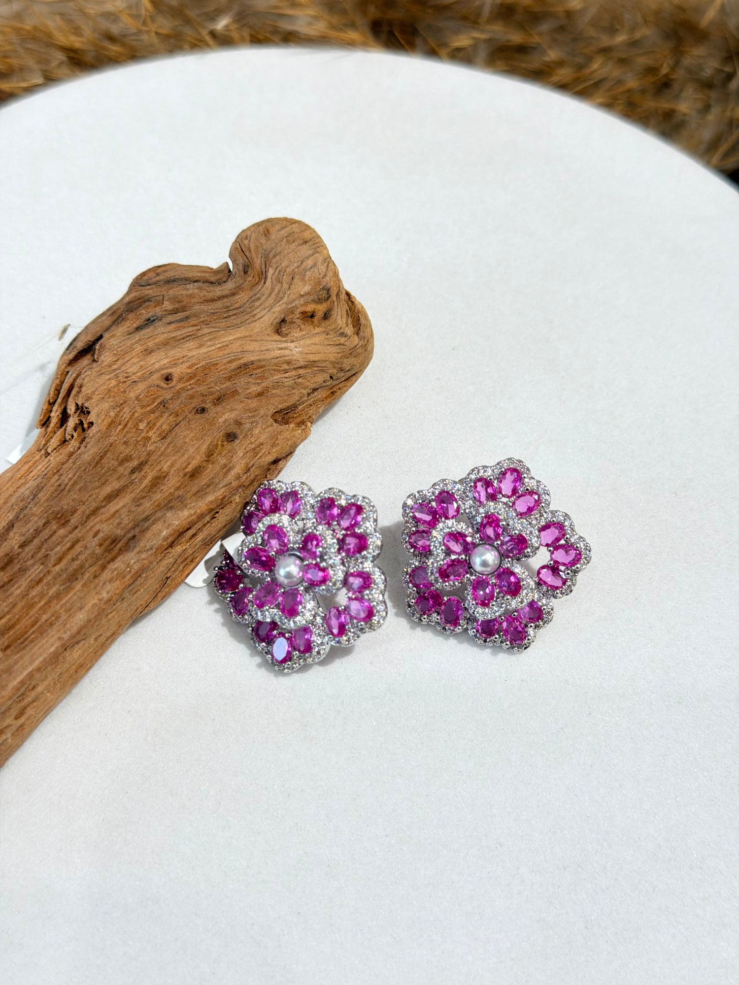 Floral Pink sapphire Stud Earrings with Pearl Center & Silver Finish