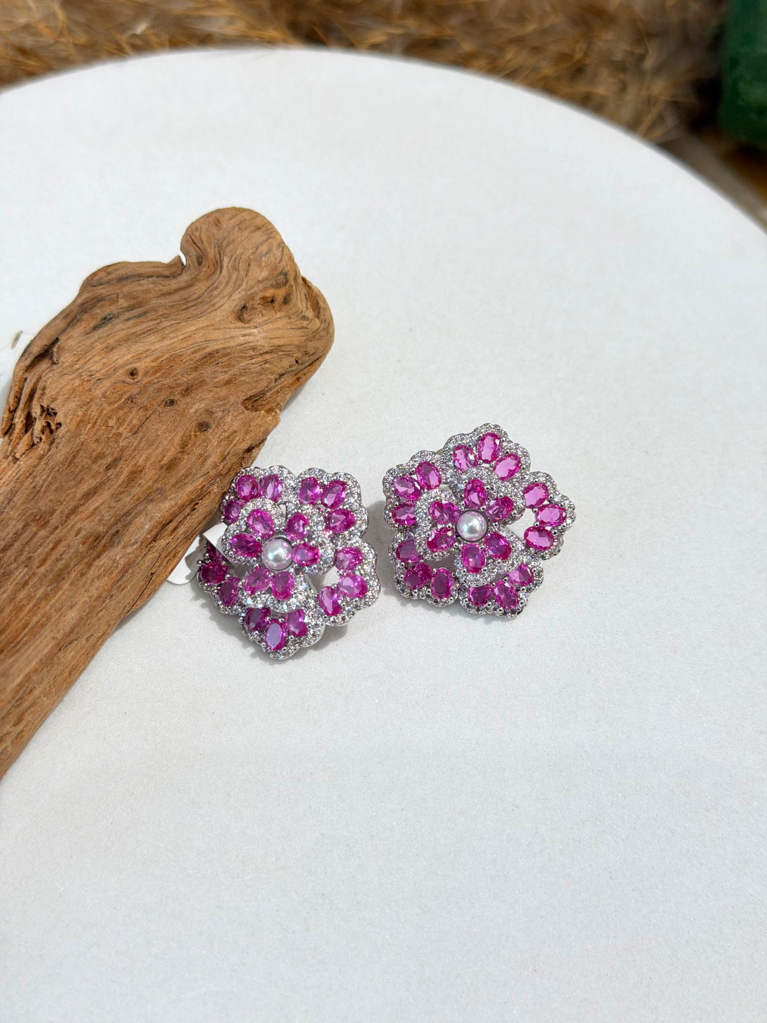 Floral Pink sapphire Stud Earrings with Pearl Center & Silver Finish