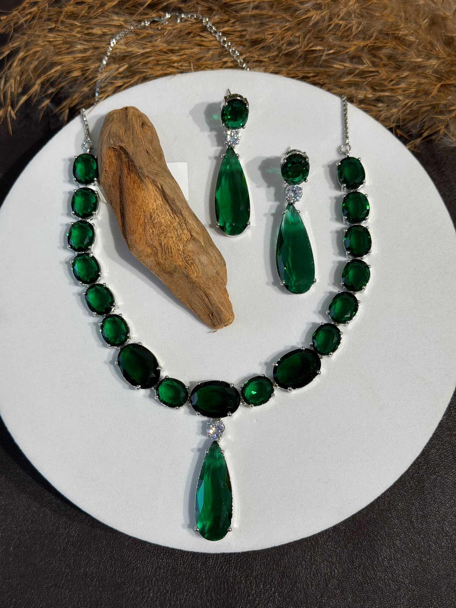 Emerald Rhodium Plated Necklace Set