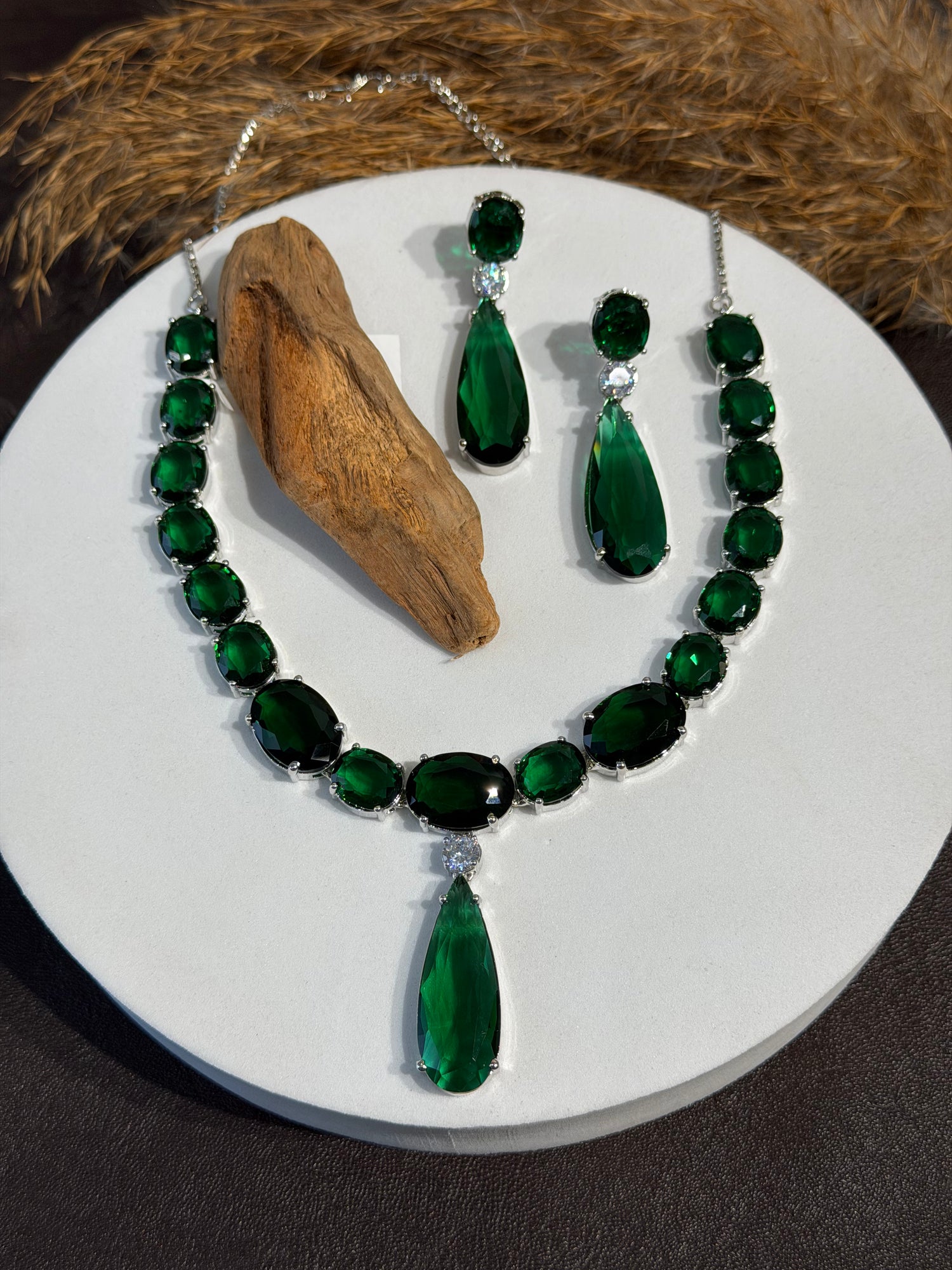 Emerald Rhodium Plated Necklace Set