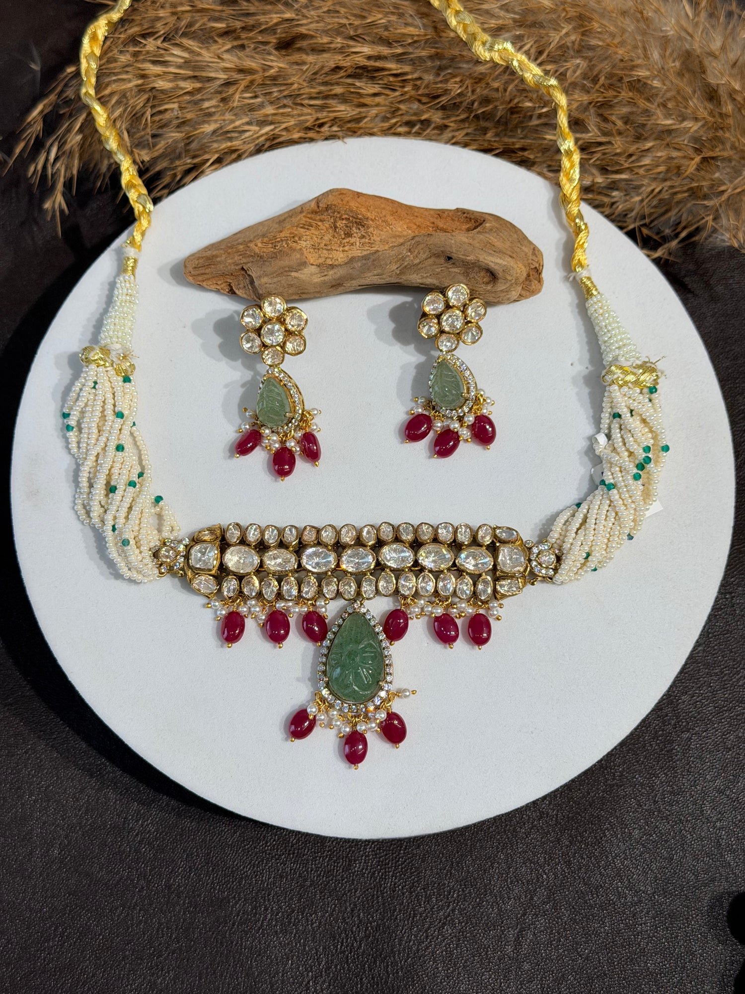 92.5 Silver Moissanite Pearl Choker Set