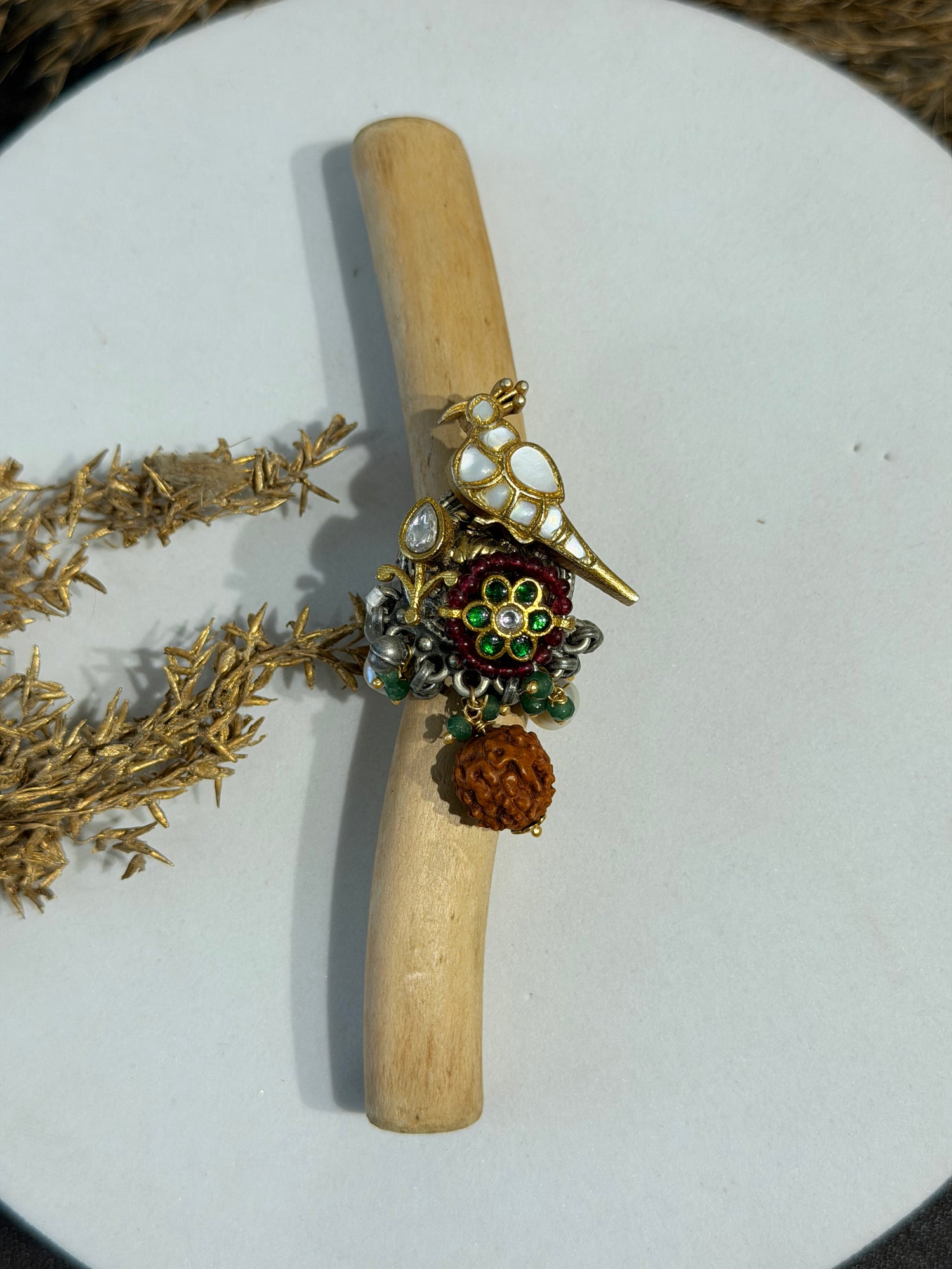 Bird & Rudraksha Motif Statement Ring