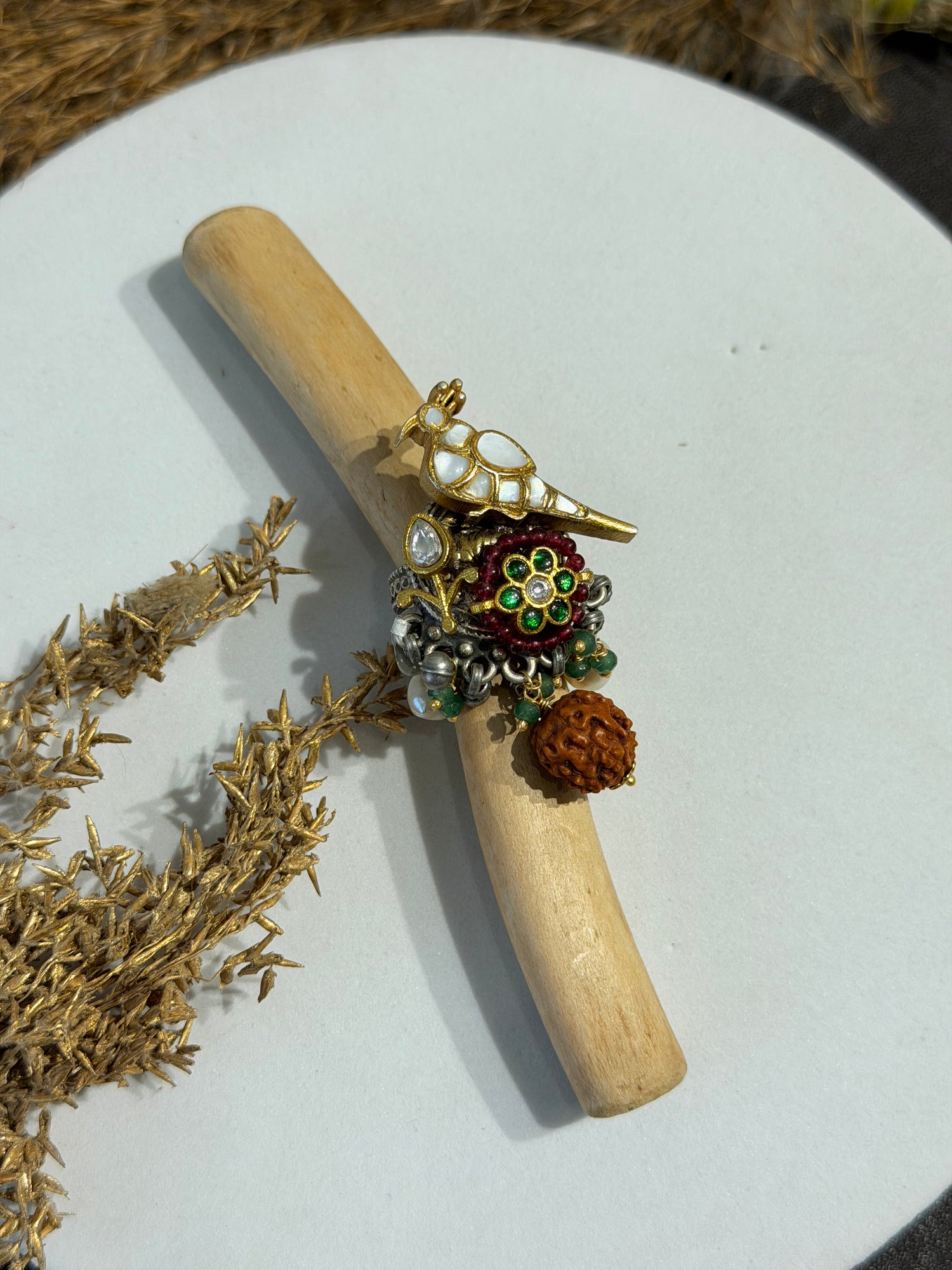 Bird & Rudraksha Motif Statement Ring