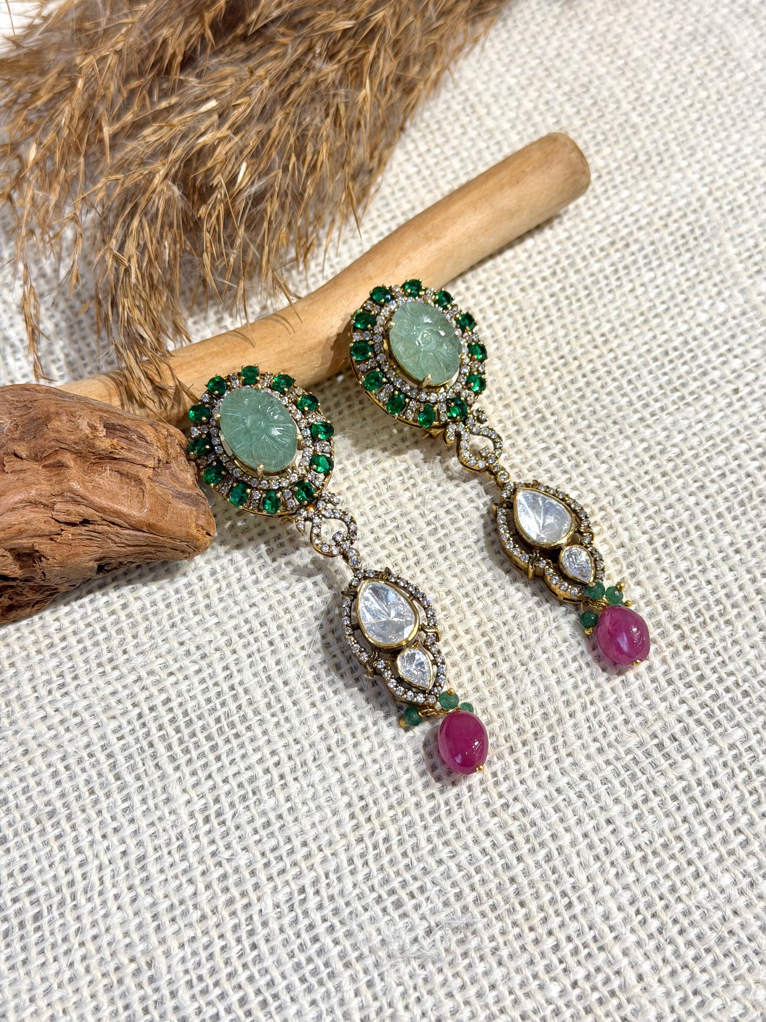 92.5 Silver Carved Emerald & Moissanite Dangler Earrings