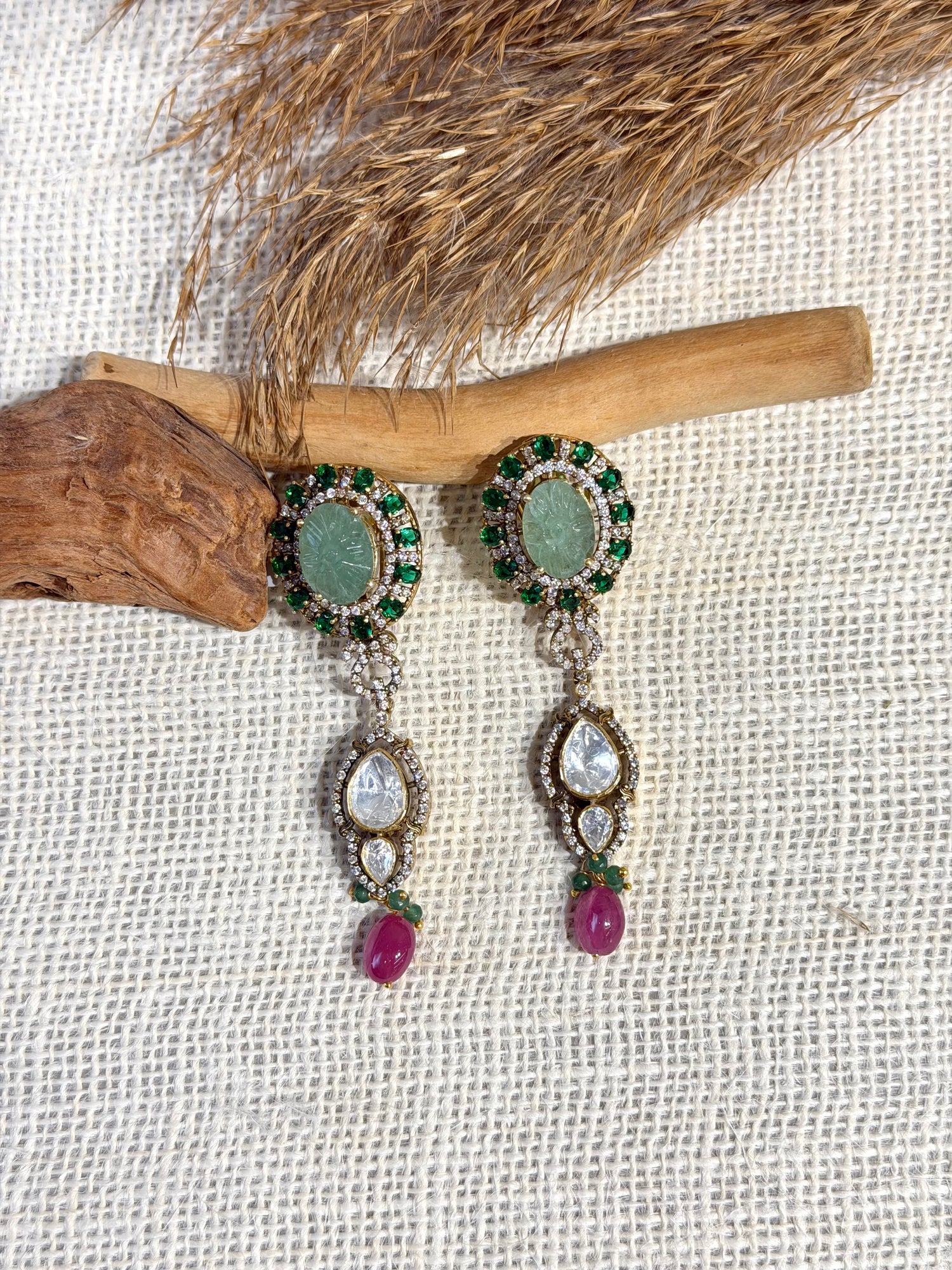 92.5 Silver Carved Emerald & Moissanite Dangler Earrings