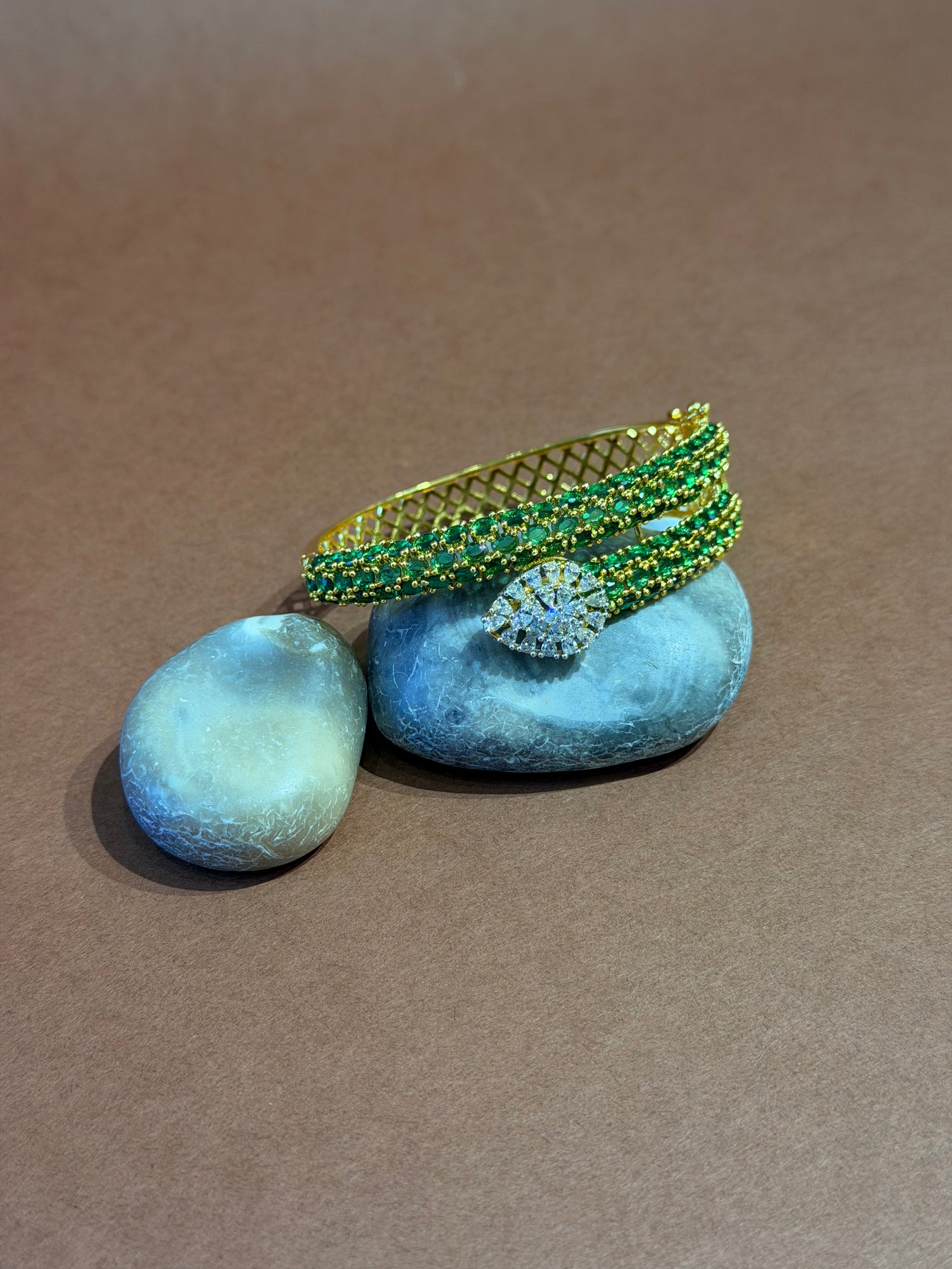 Gold-Plated Emerald CZ Beaded Cuff Bracelet