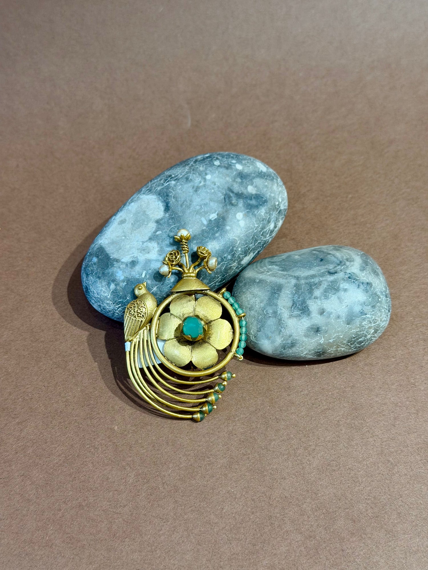 92.5 Silver Gold-Plated Peacock & Floral Turquoise Brooch