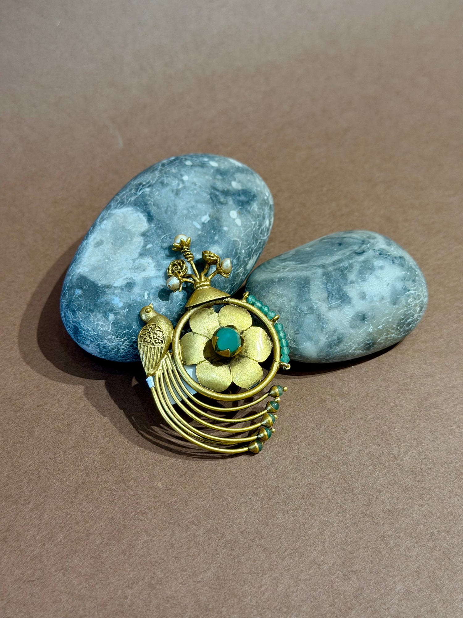 92.5 Silver Gold-Plated Peacock & Floral Turquoise Brooch