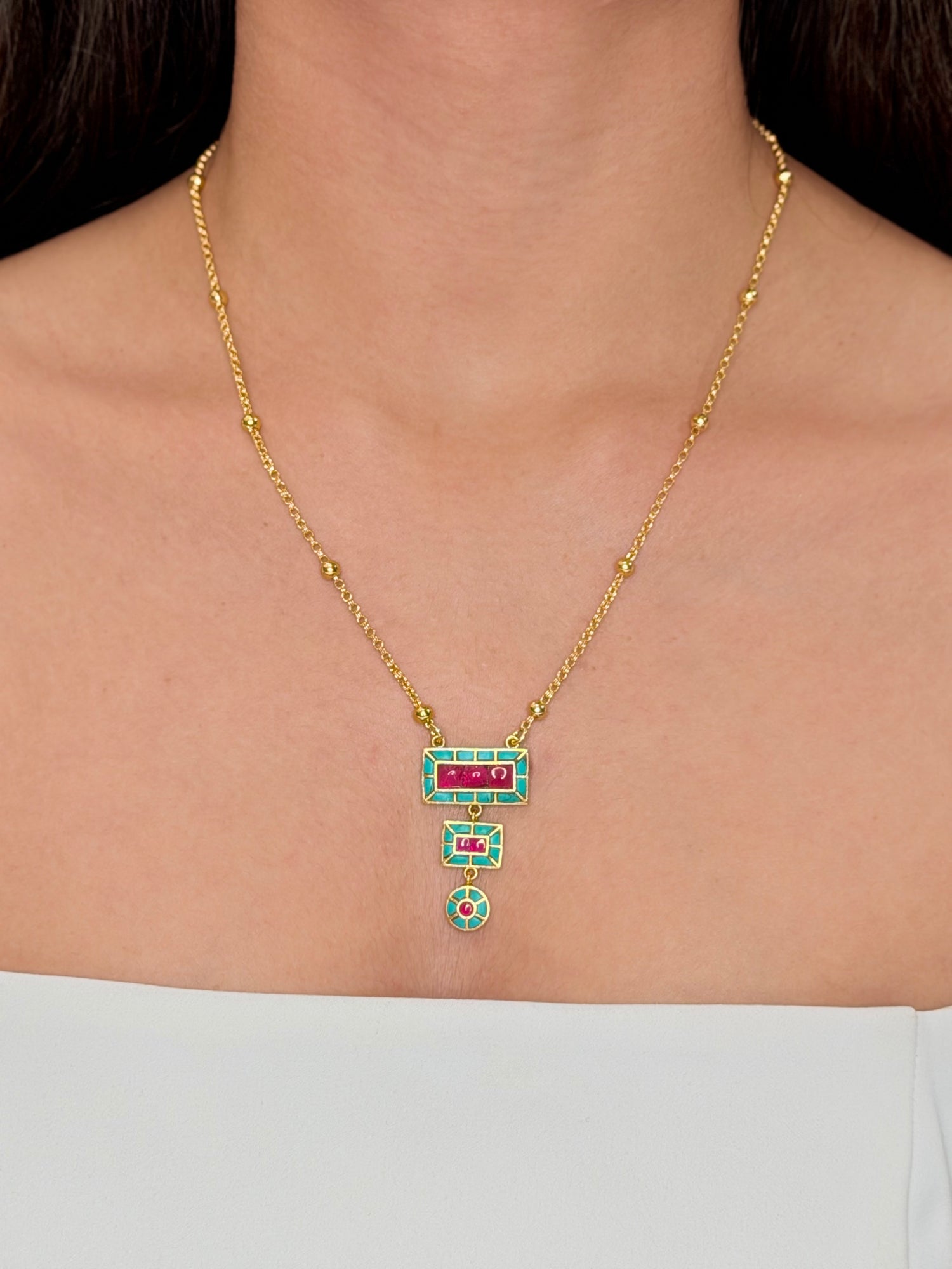 Turquoise And Ruby Takkar Necklace Set