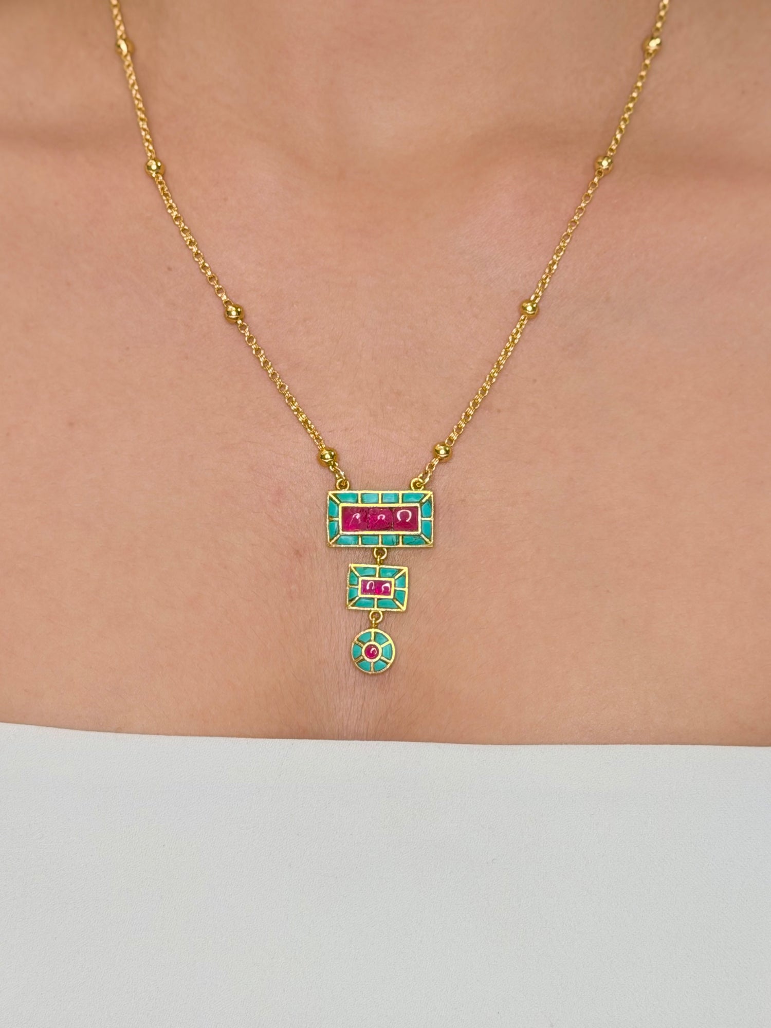 Turquoise And Ruby Takkar Necklace Set