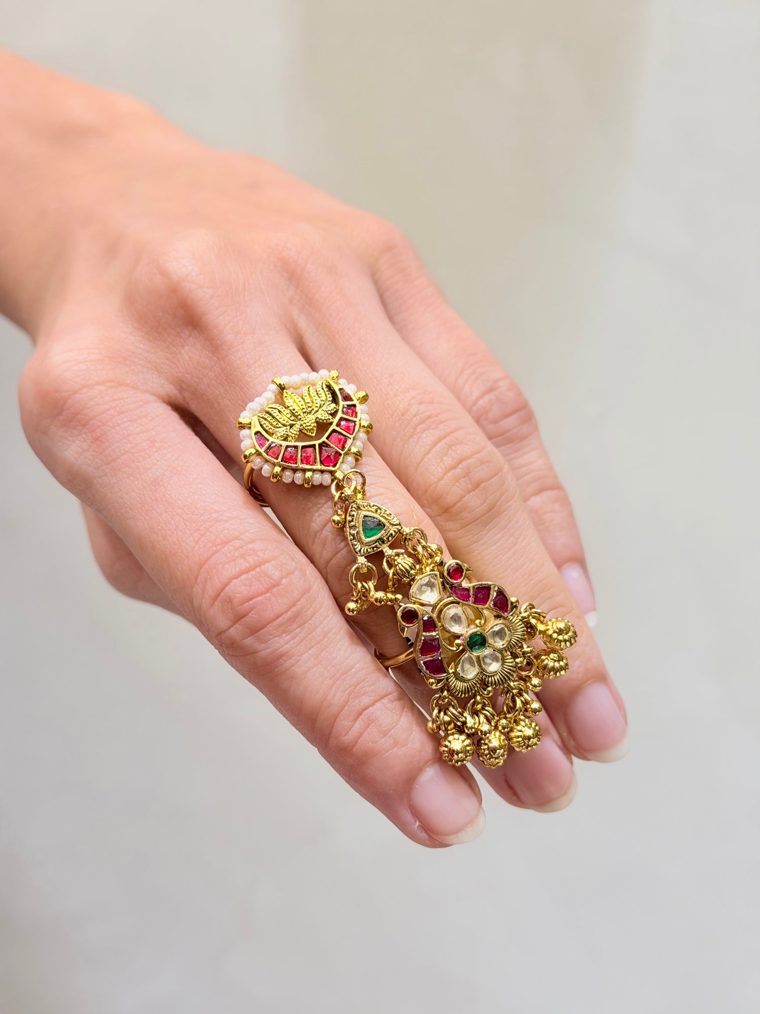Micro-Gold Plated Double Ring with Bird Motif & Takkar Work