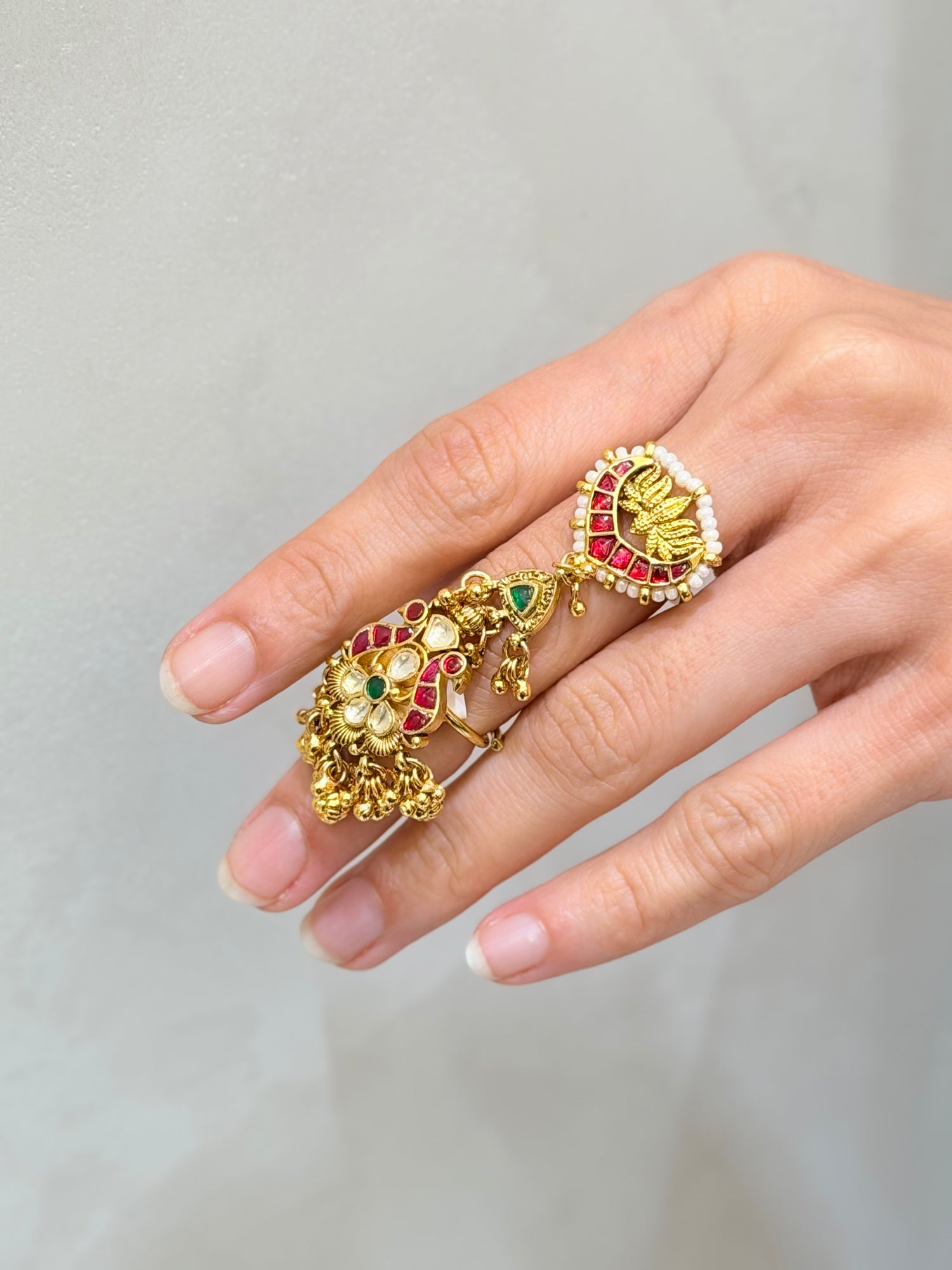 Micro-Gold Plated Double Ring with Bird Motif & Takkar Work