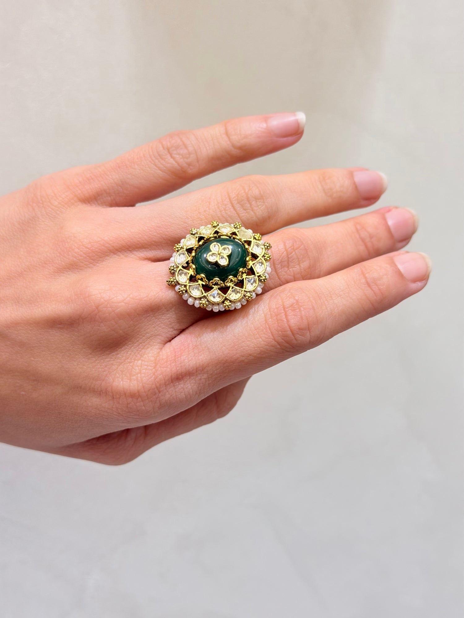 Microgold Plated Emerald Stone & Jadau Ring