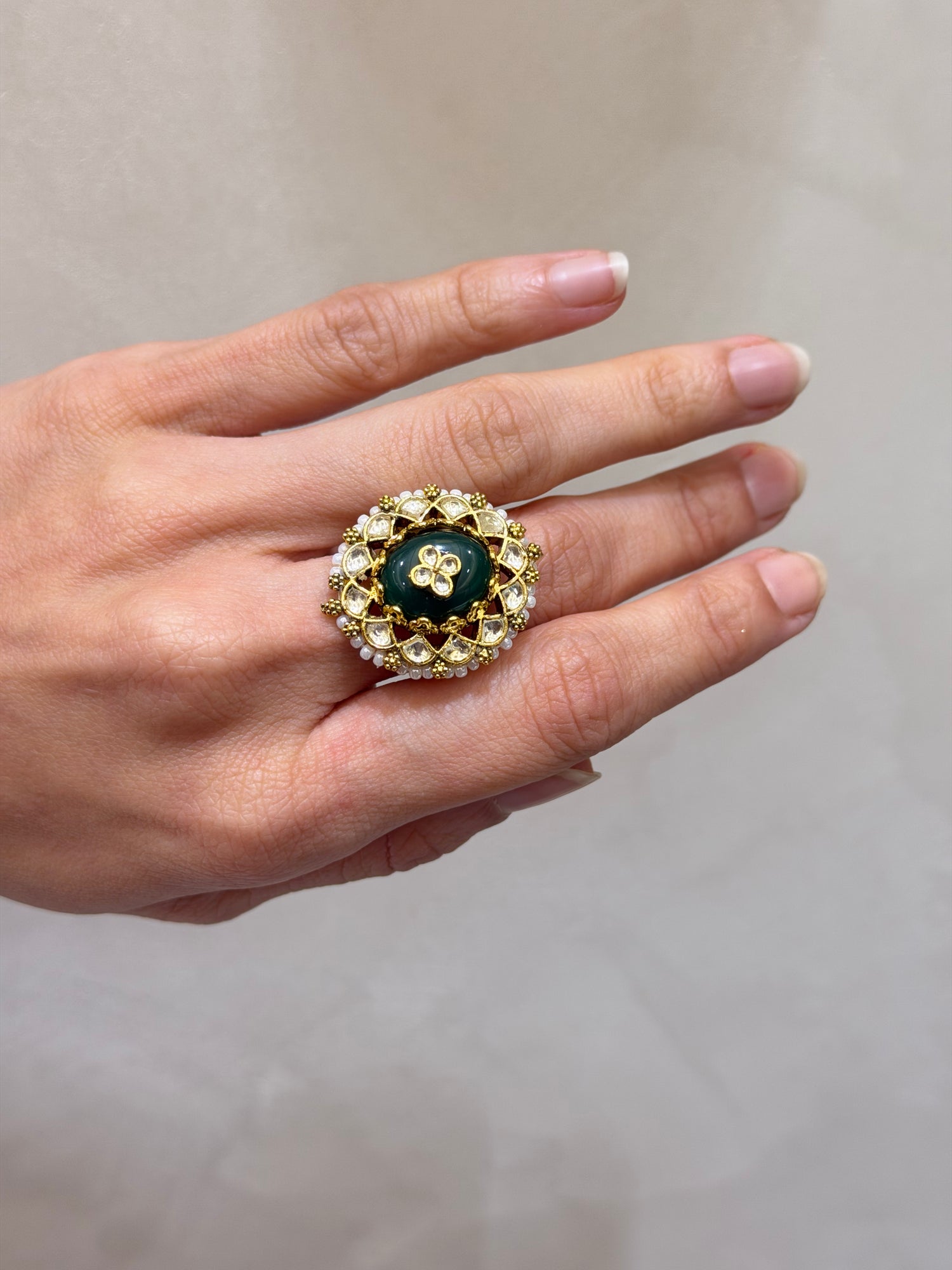 Microgold Plated Emerald Stone & Jadau Ring