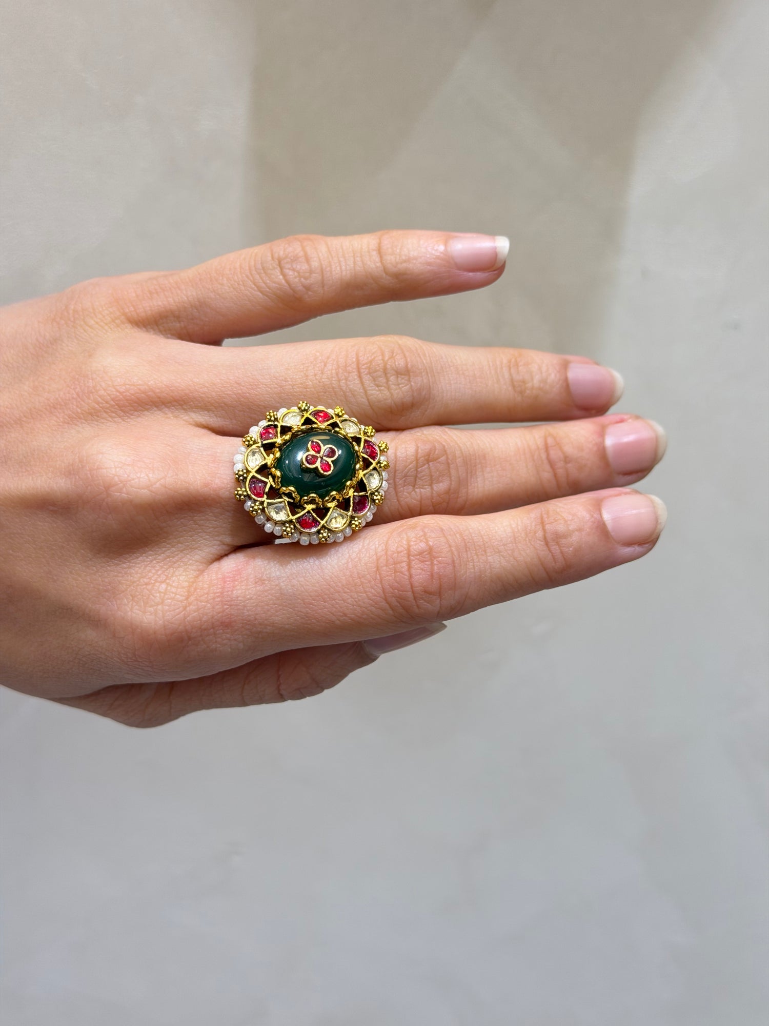 Micro-Gold Plated Round Medallion Ring with Green Stone
