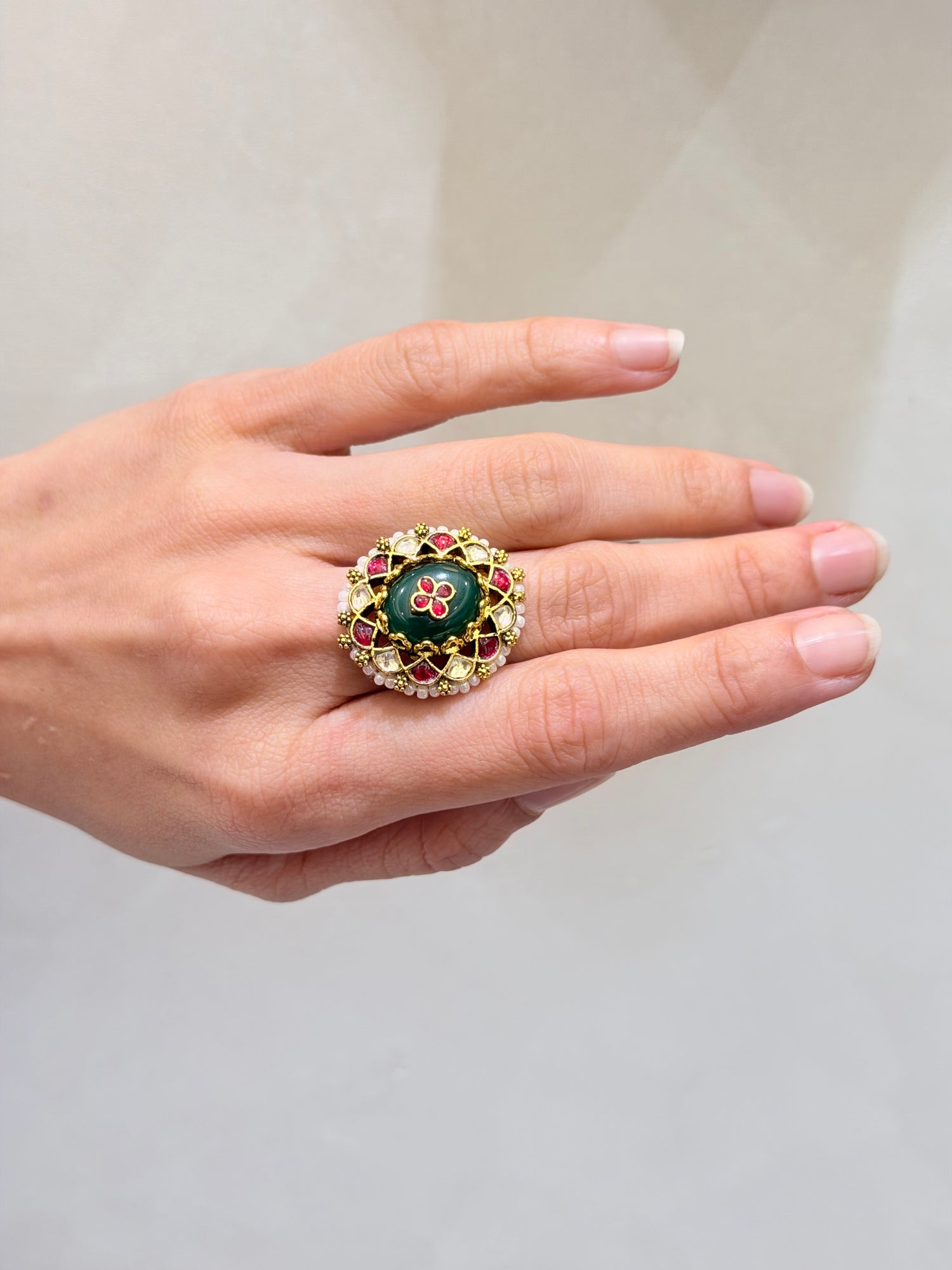 Micro-Gold Plated Round Medallion Ring with Green Stone