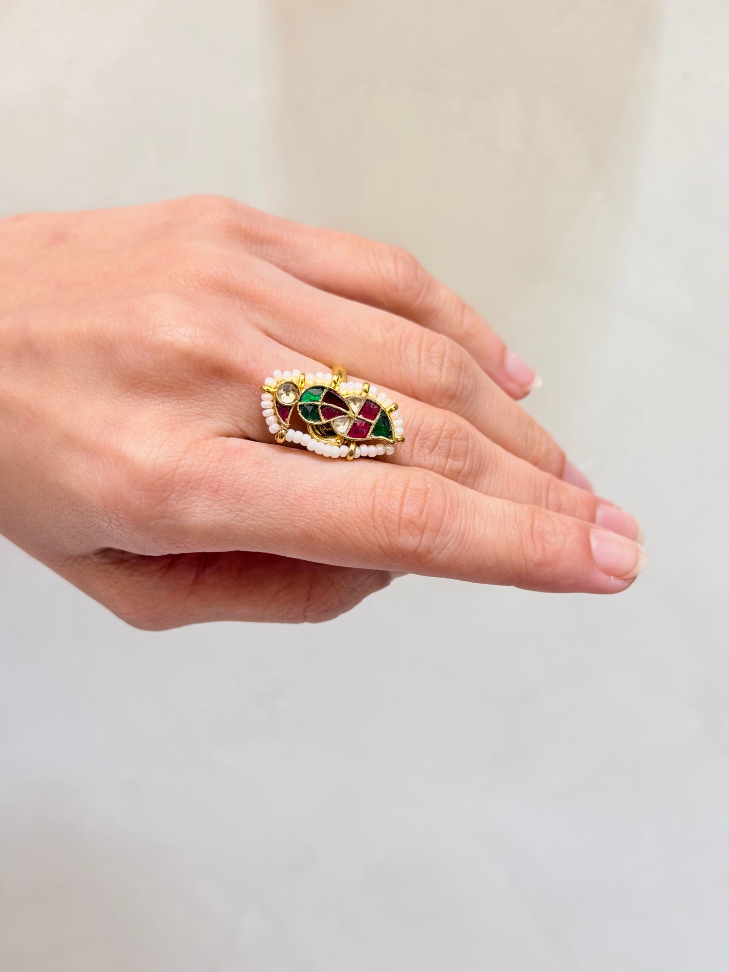 Artisanal Micro-Gold Plated Bird Motif Jadau Ring
