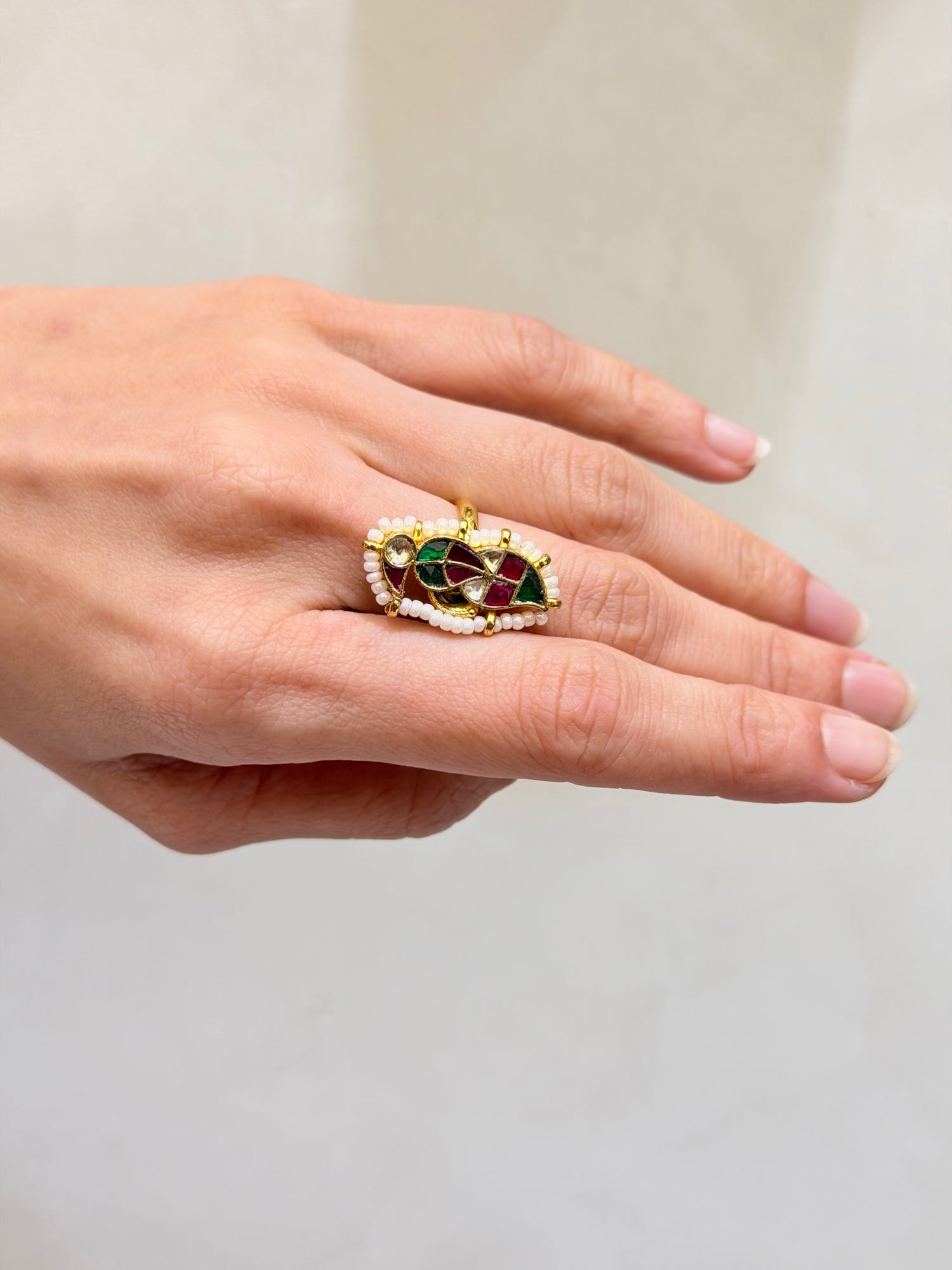 Artisanal Micro-Gold Plated Bird Motif Jadau Ring