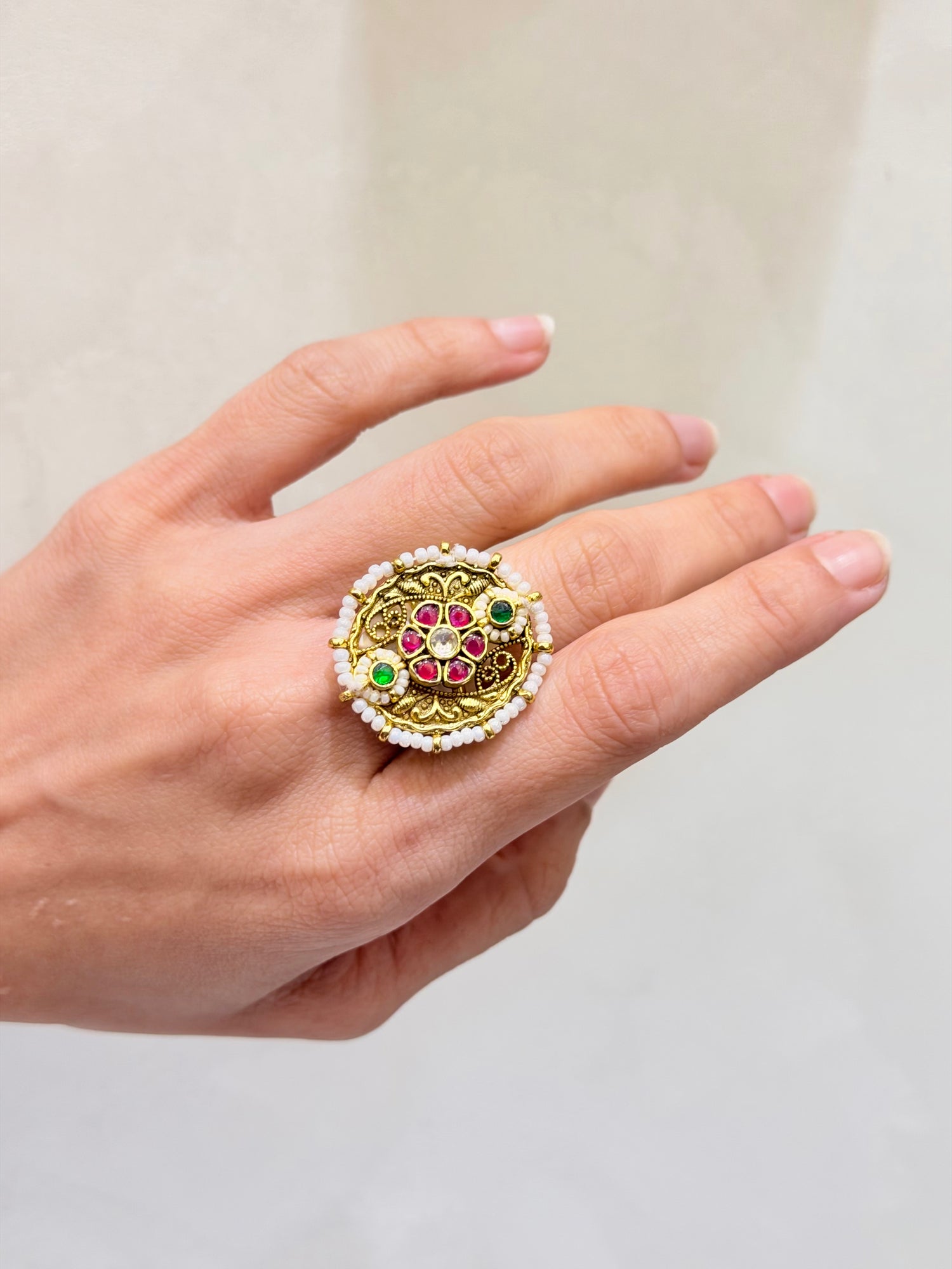 Microgold Plated Jadau & Ruby Takkar Ring with Khakko Moti
