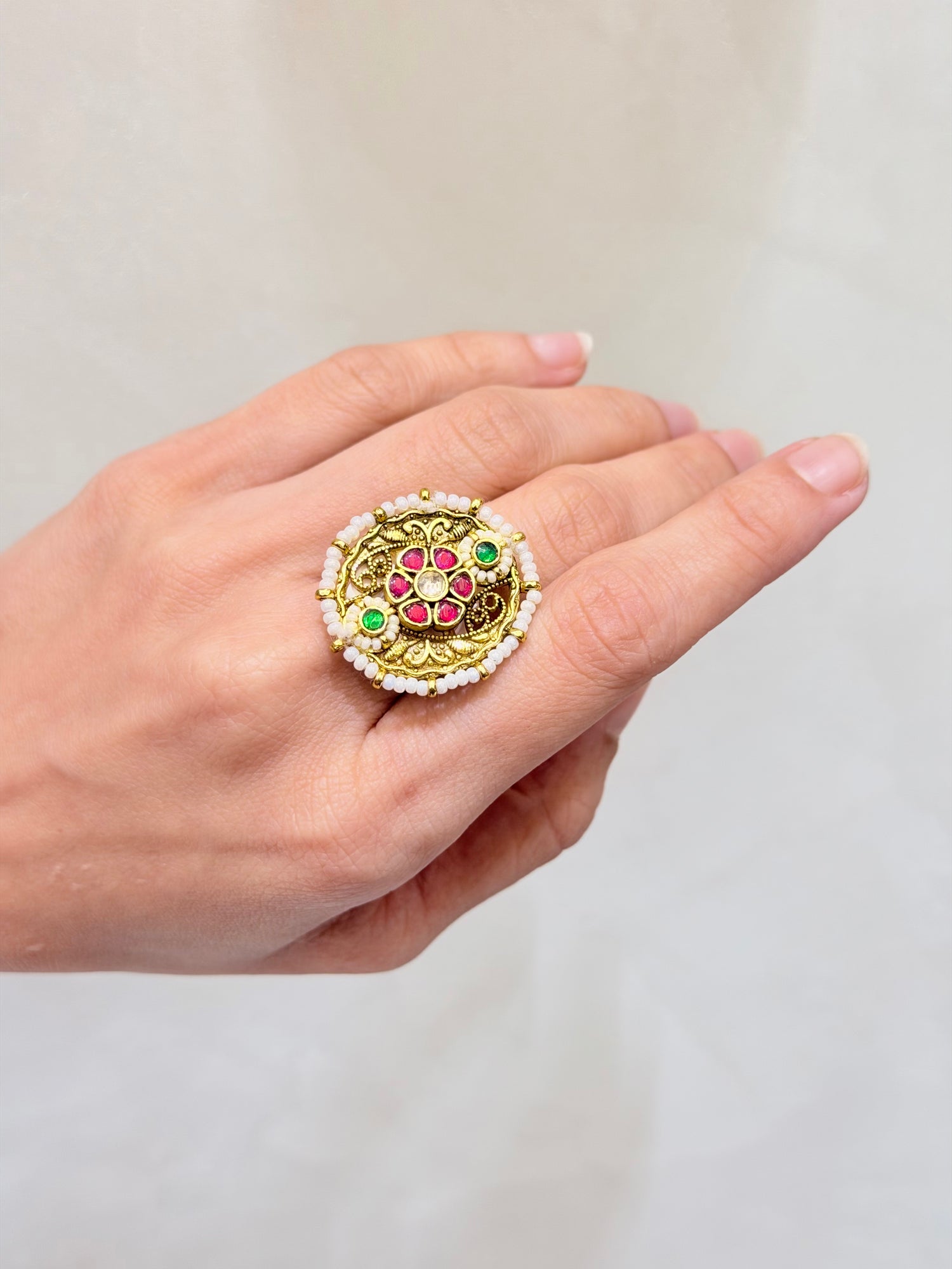 Microgold Plated Jadau & Ruby Takkar Ring with Khakko Moti
