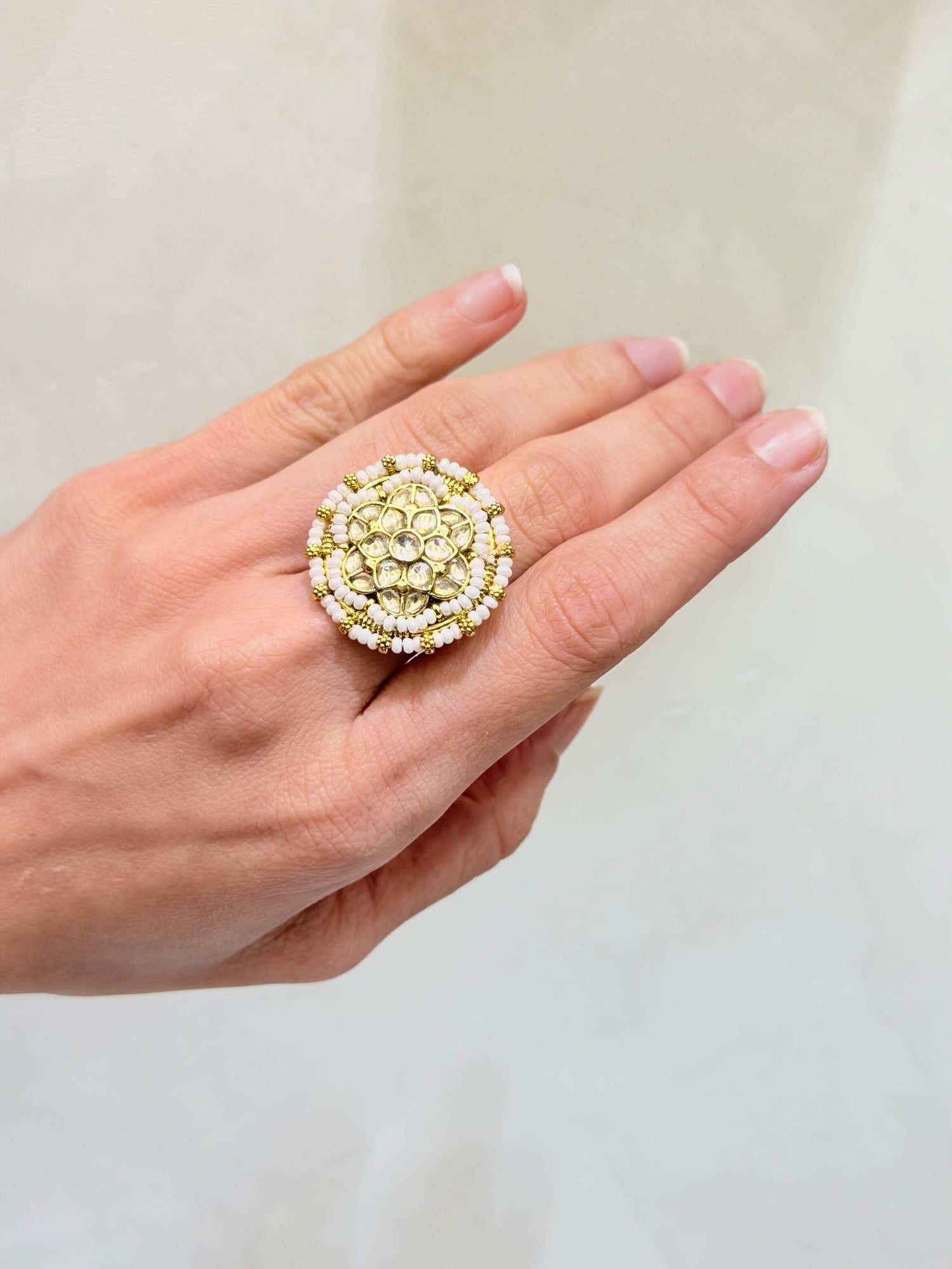 Micro-Gold Plated Circular Jadau & Khakho Moti Ring