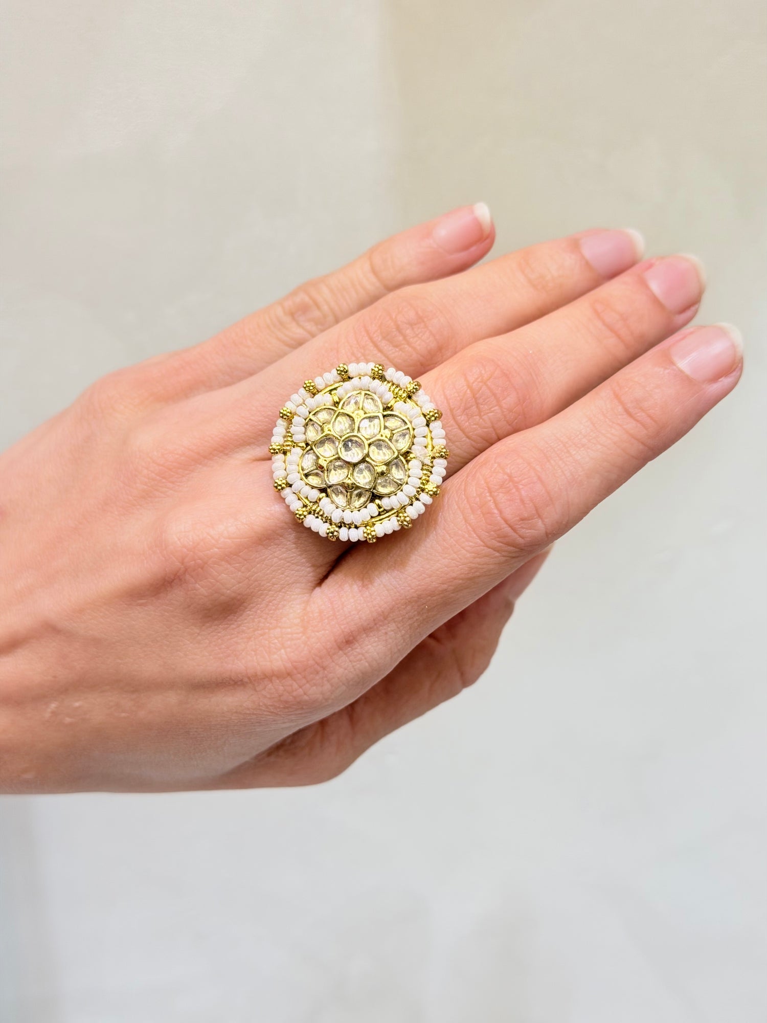Micro-Gold Plated Circular Jadau & Khakho Moti Ring