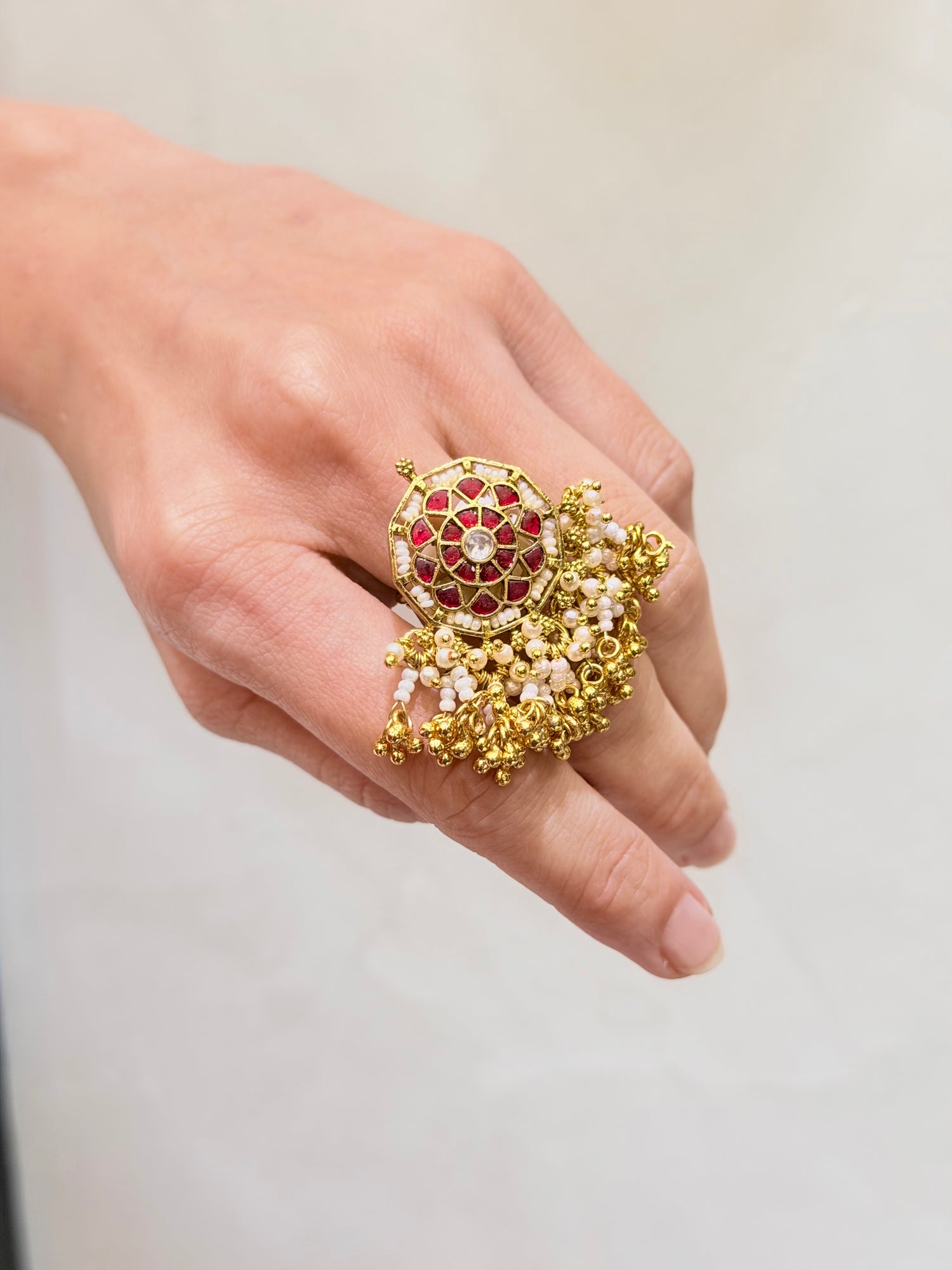 Micro-Gold Plated Circular Jadau Ring with Ruby Takkar