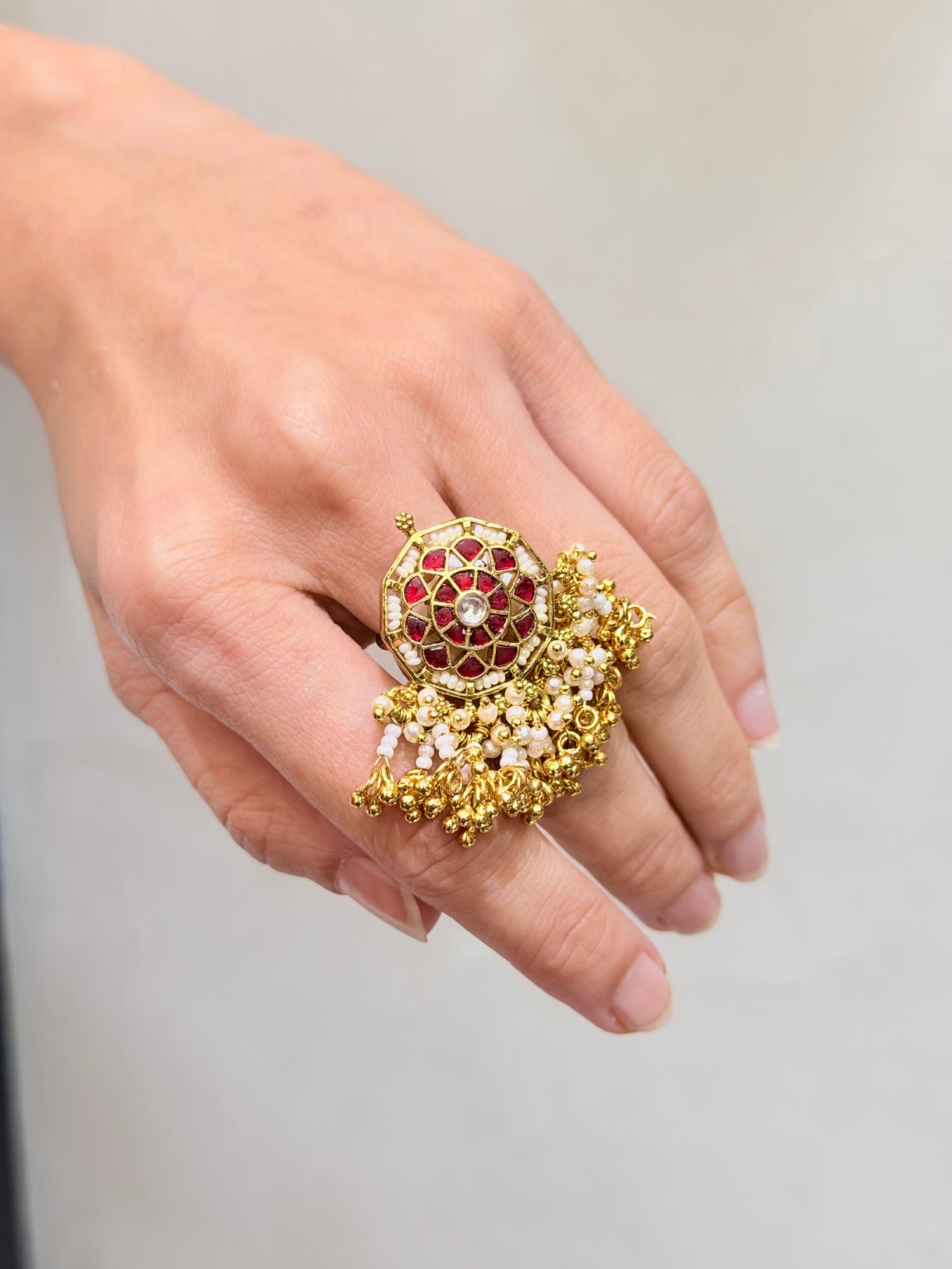 Micro-Gold Plated Circular Jadau Ring with Ruby Takkar