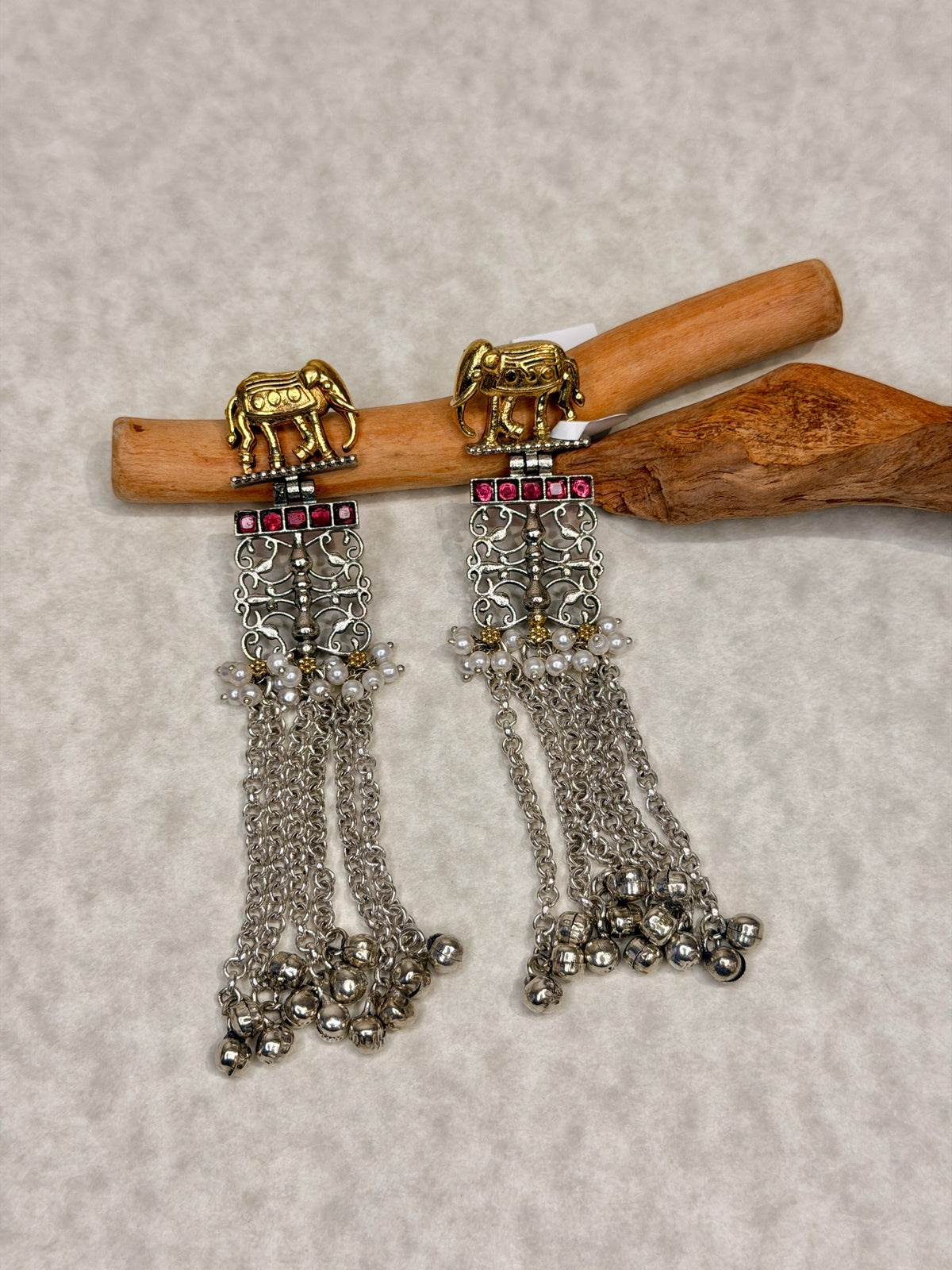 Dual-Tone Elephant Motif Long Dangle Earrings