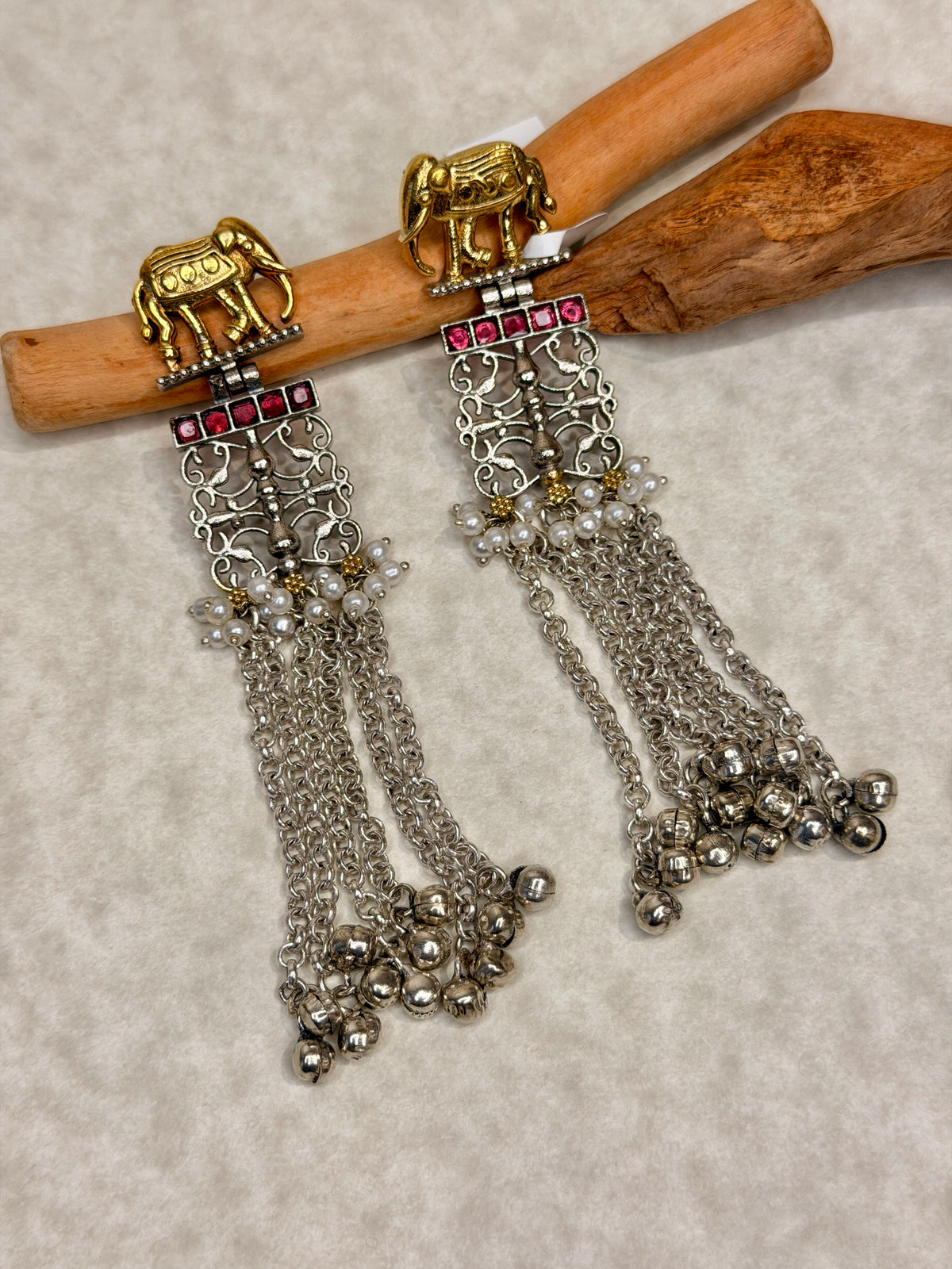 Dual-Tone Elephant Motif Long Dangle Earrings
