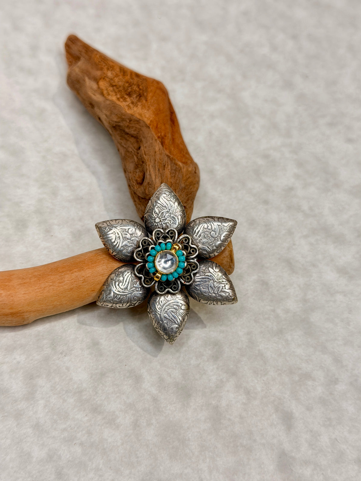 Oxidised Silver-Toned Floral Ring