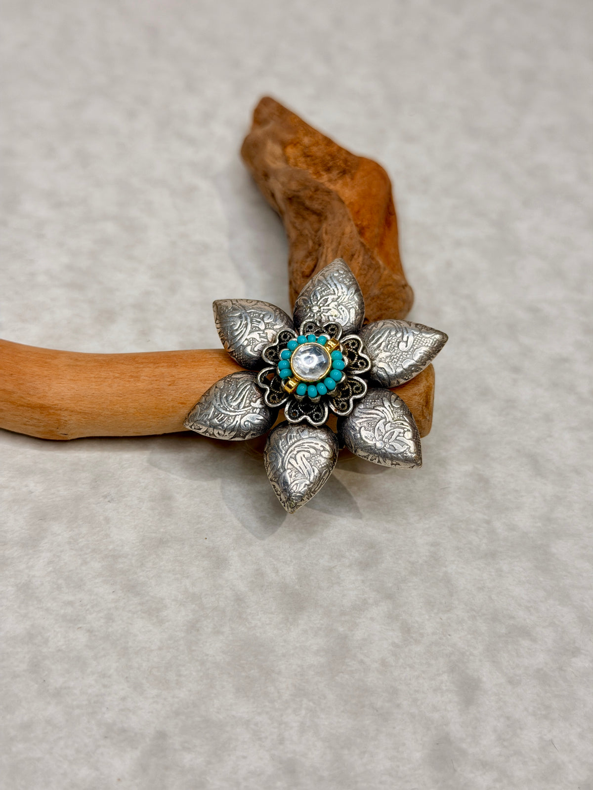 Oxidised Silver-Toned Floral Ring