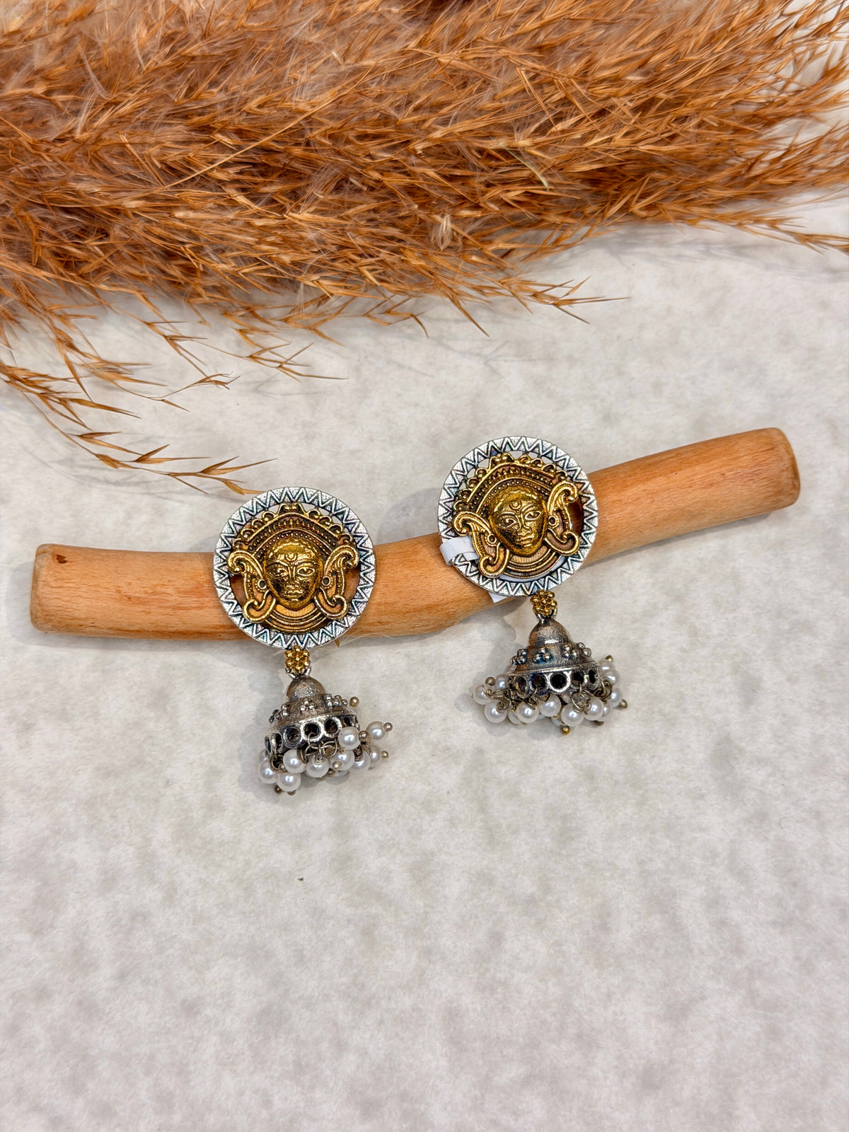 Dual-Tone Goddess Motif Jhumkas