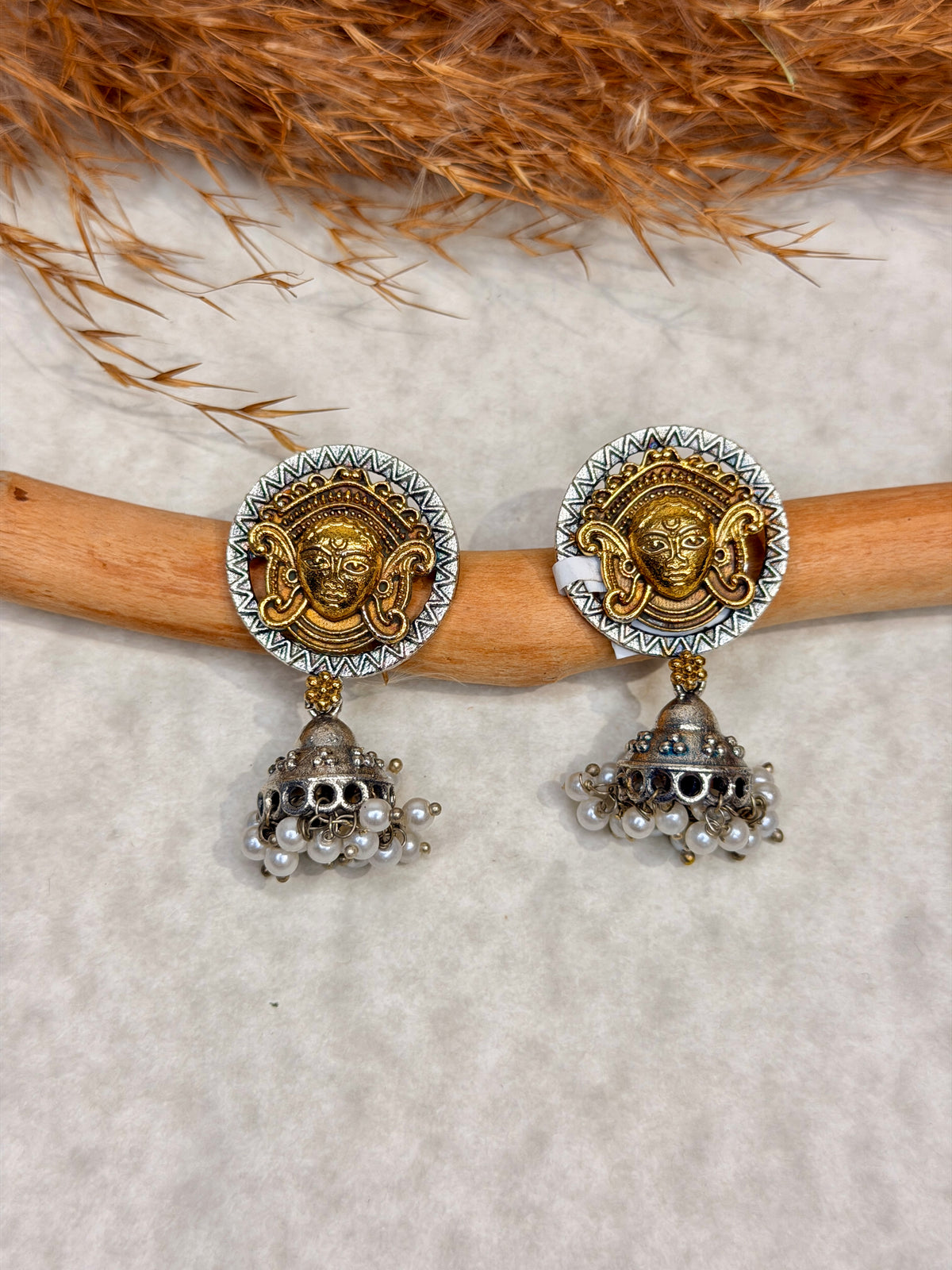Dual-Tone Goddess Motif Jhumkas